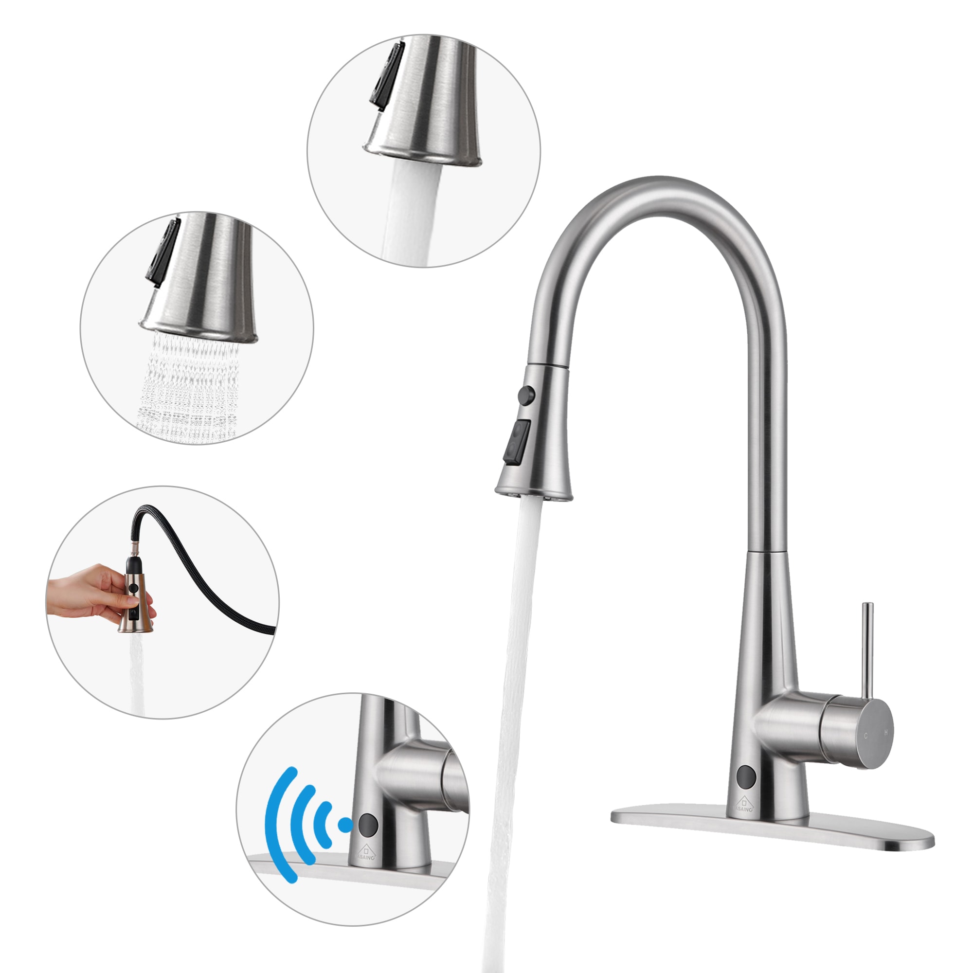 CASAINC RB0764-WE Brushed Nickel Single Handle Deck-mount Pull-down Kitchen Faucet with Sprayer