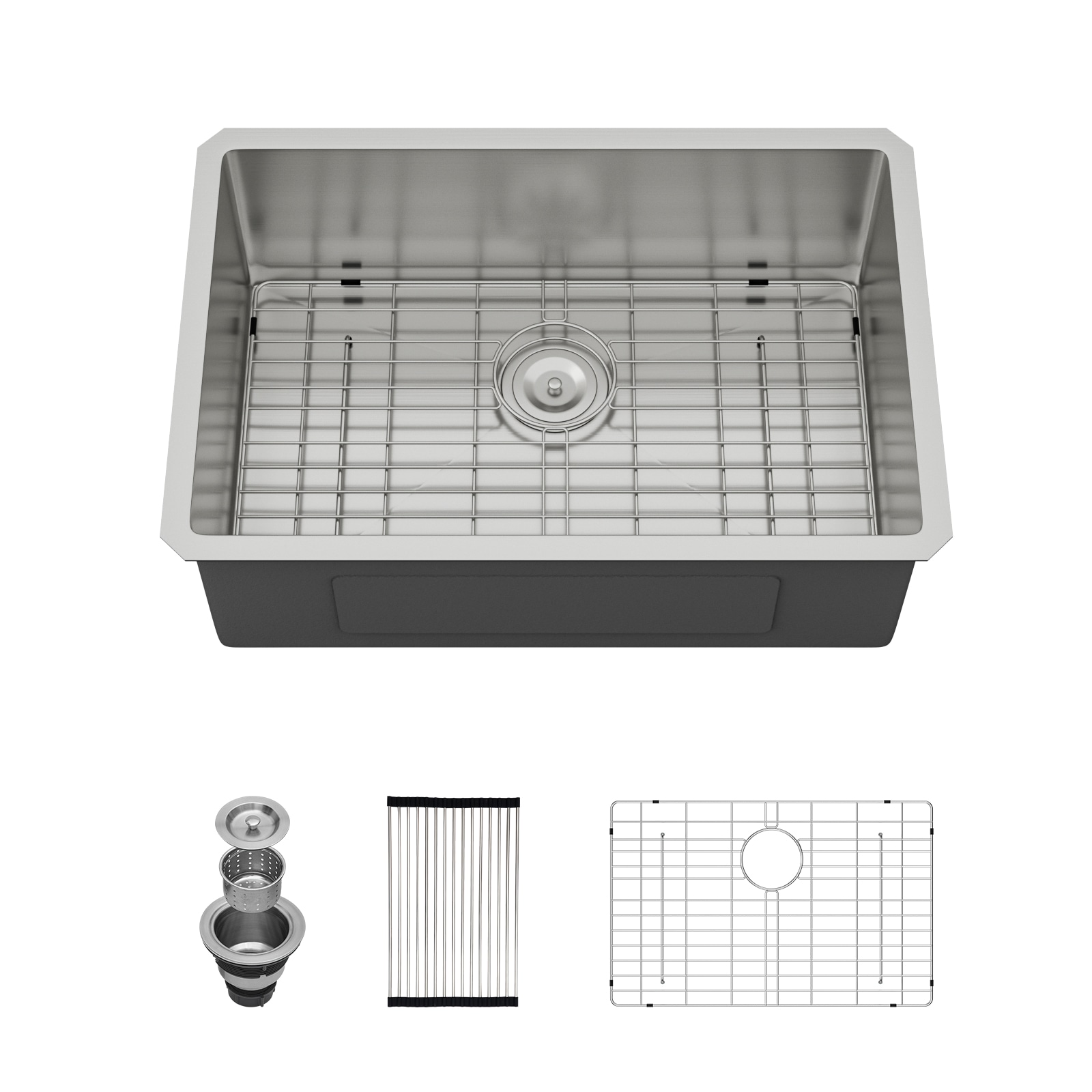 Lordear 27-in x 18-in Undermount 16-Gauge Stainless Steel Single Bowl Kitchen Sink with Bottom Grid and Roll-up Drying Rack