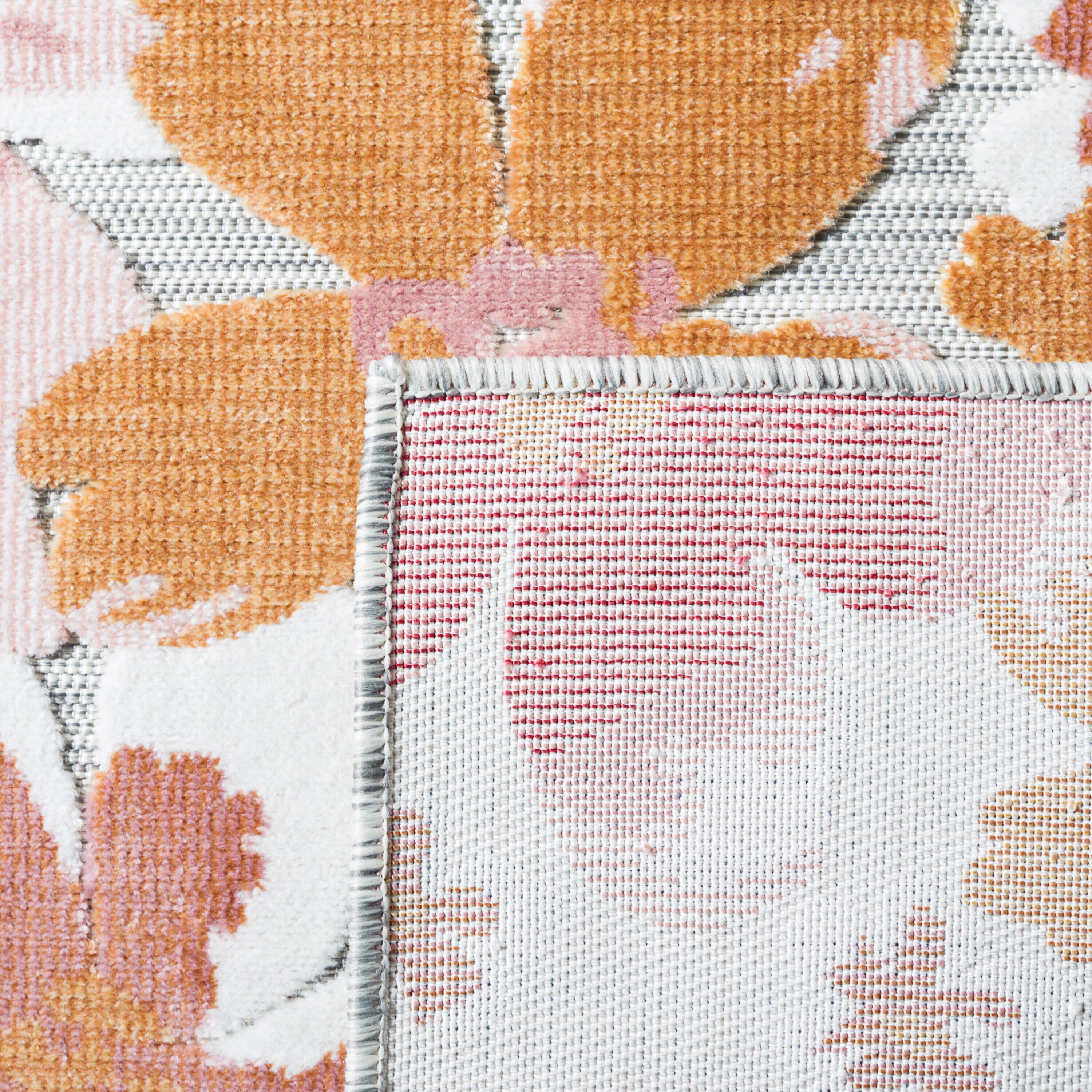 Gray and Pink Floral Round Synthetic Indoor/Outdoor Rug