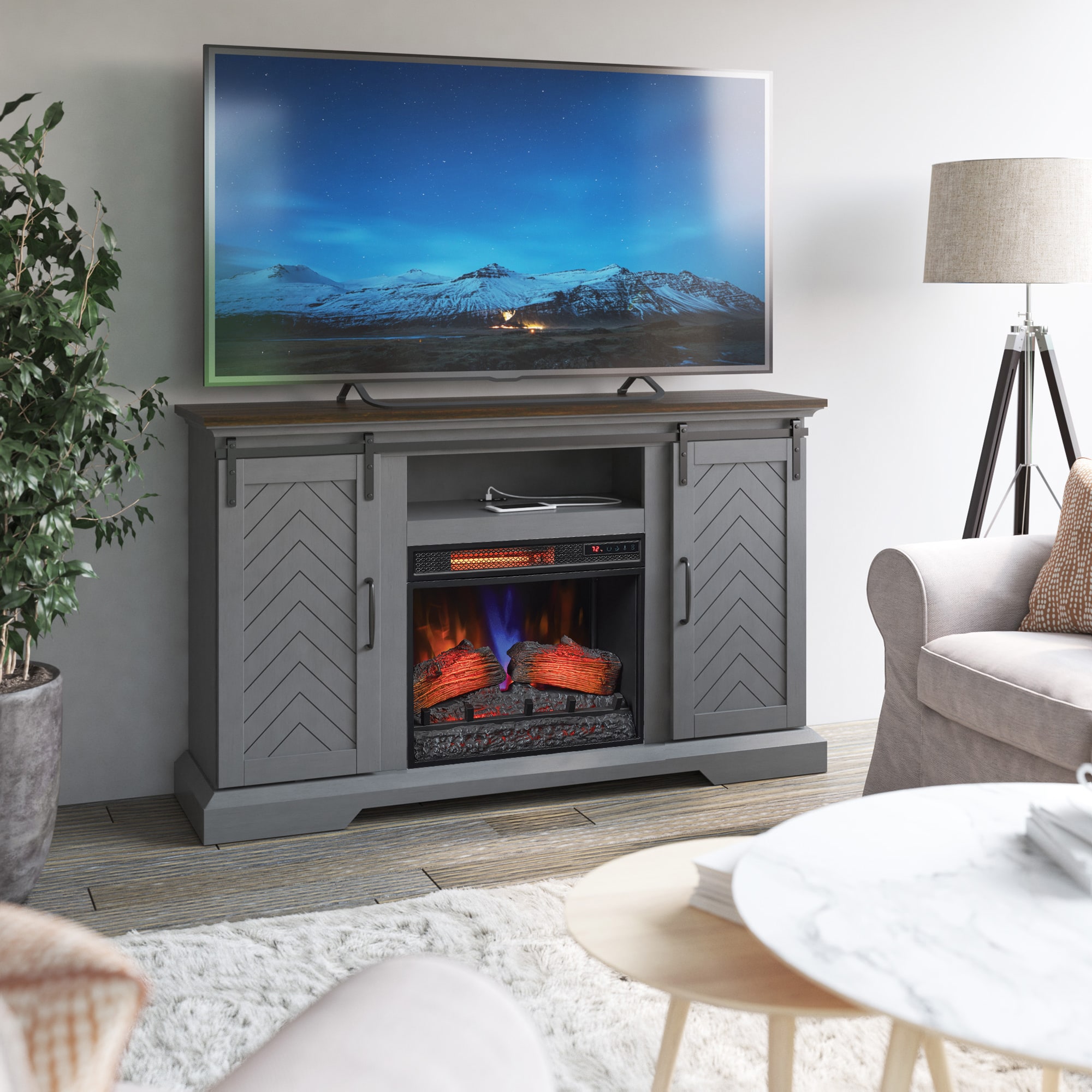 allen + roth 144679 59.5-in W Antique Gray and Espresso TV Stand with Infrared Quartz Electric Fireplace