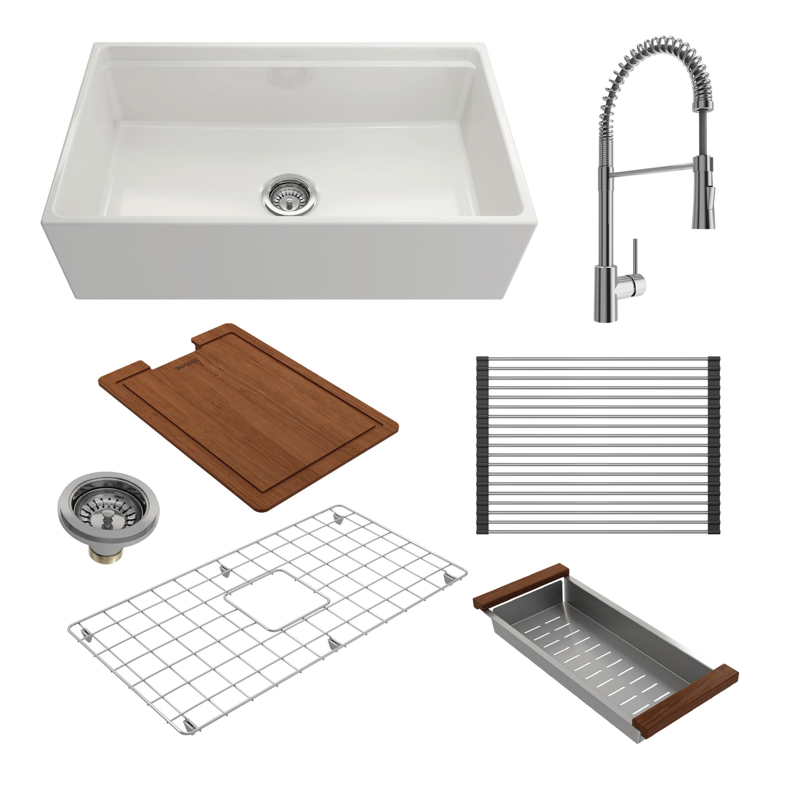 BOCCHI 1504-001-2020CH Farmhouse Apron Front 33-in x 19-in White Fireclay Single Bowl Workstation Kitchen Sink