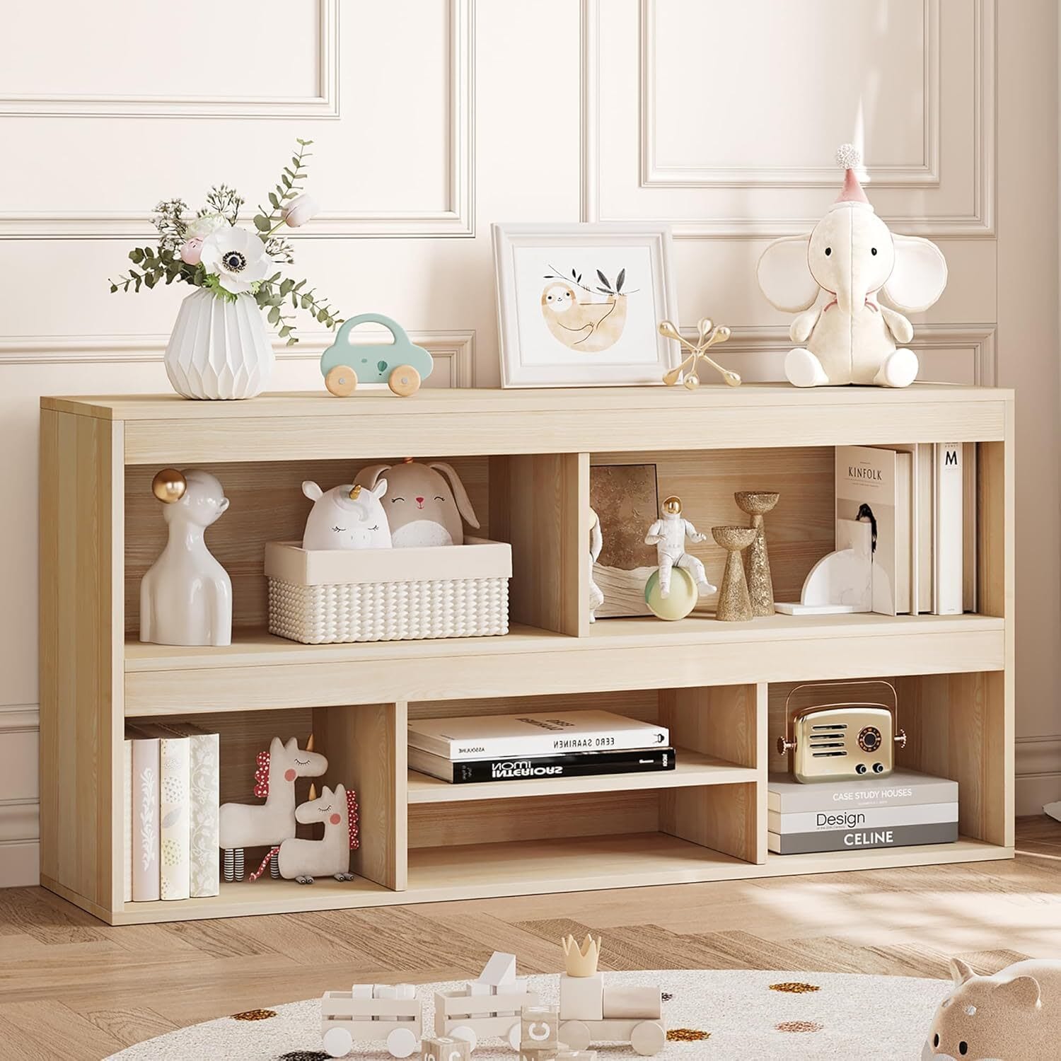 Qeetex GGL-PHO-15MFRENG Toy Storage Organizer 6 Cubes Kids Bookshelf Wooden Storage Cabinet Playhouse Shelves Cabinet for Boys Girls Toy Bookcase Playroom Classroom Nursery Kids Room