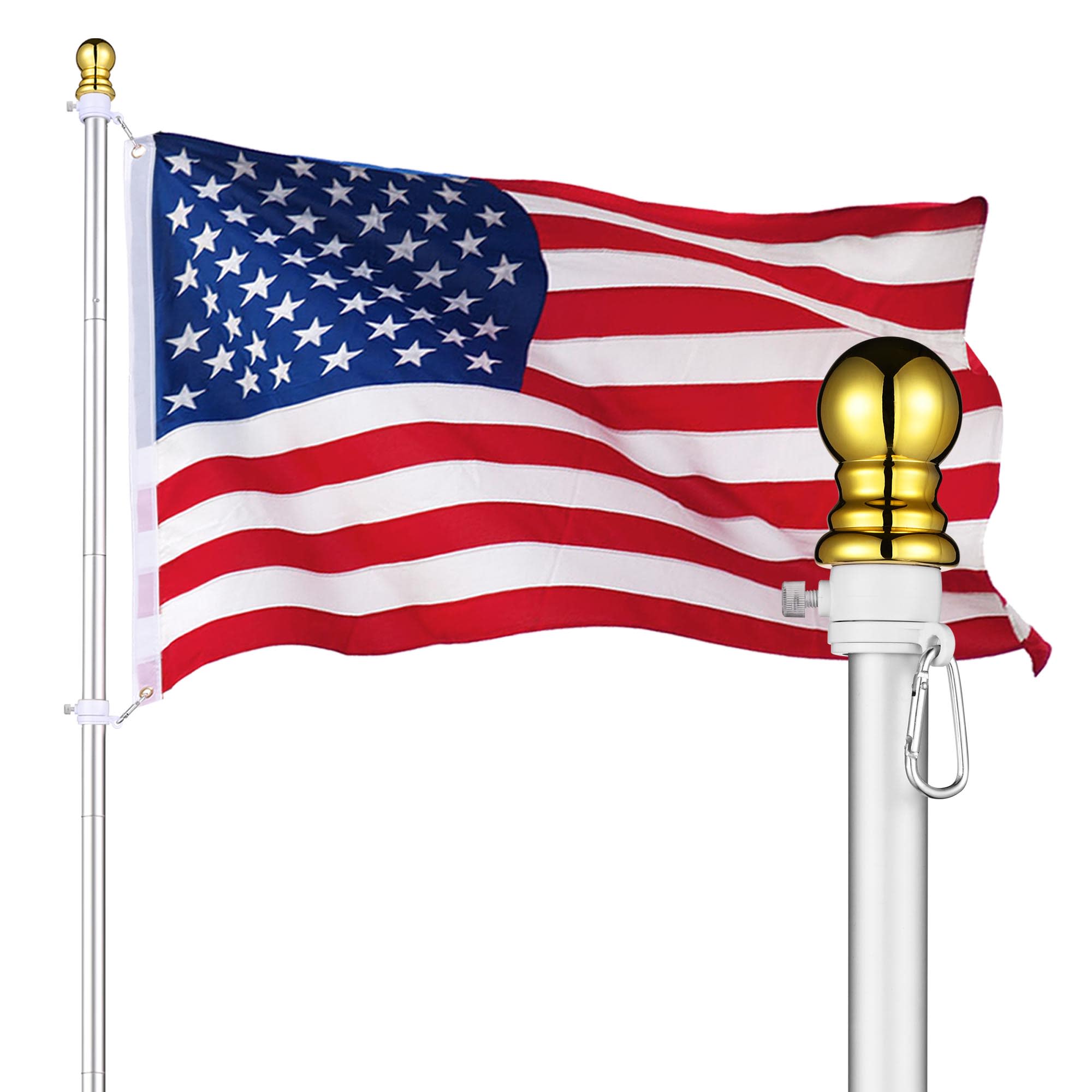 Yescom Bravery 10 FT Sectional Flag Pole Kit Aluminum Outside Inground Yard Garden with 3 FTx5 FT USA Flag Ball Top Silver #22FLP020-10FT-09-LO