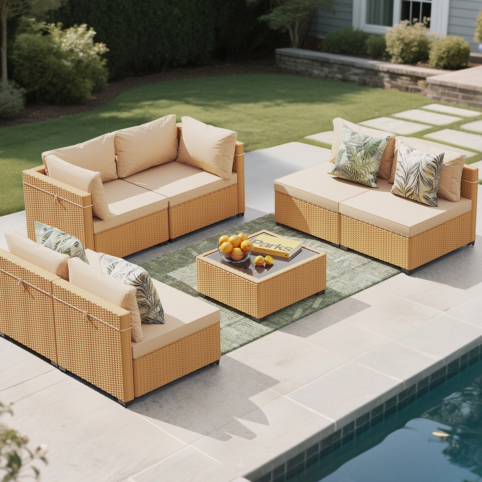 UPHA PL-2CZ-H1 Wicker Patio conversation set 7 -Piece Wicker Patio Sofa Conversation Set with Beige Cushions