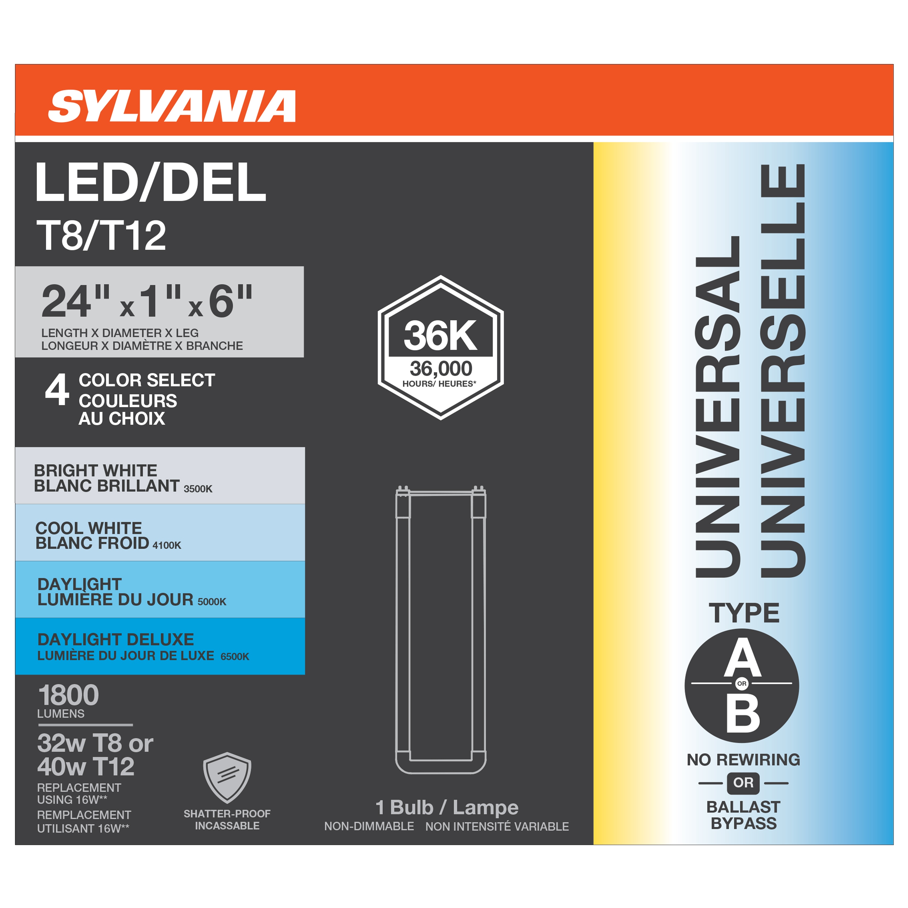 SYLVANIA 32 -Watt EQ T8 Switchable white Medium bi-pin base G13 LED Tube Light Bulb