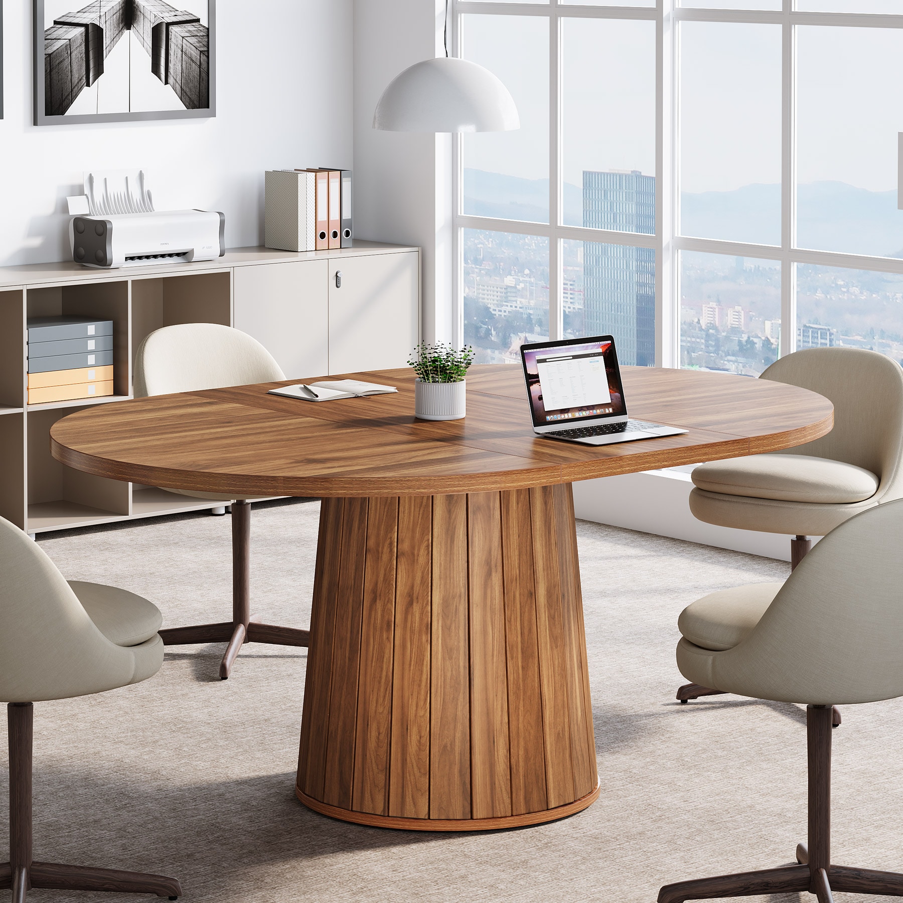 Fnova LWTJ-XK00685 Walnut Round Contemporary/Modern Dining Table, MDF with Wood finish Wood Pedestal Base 55.11-in L x 29.992-in H