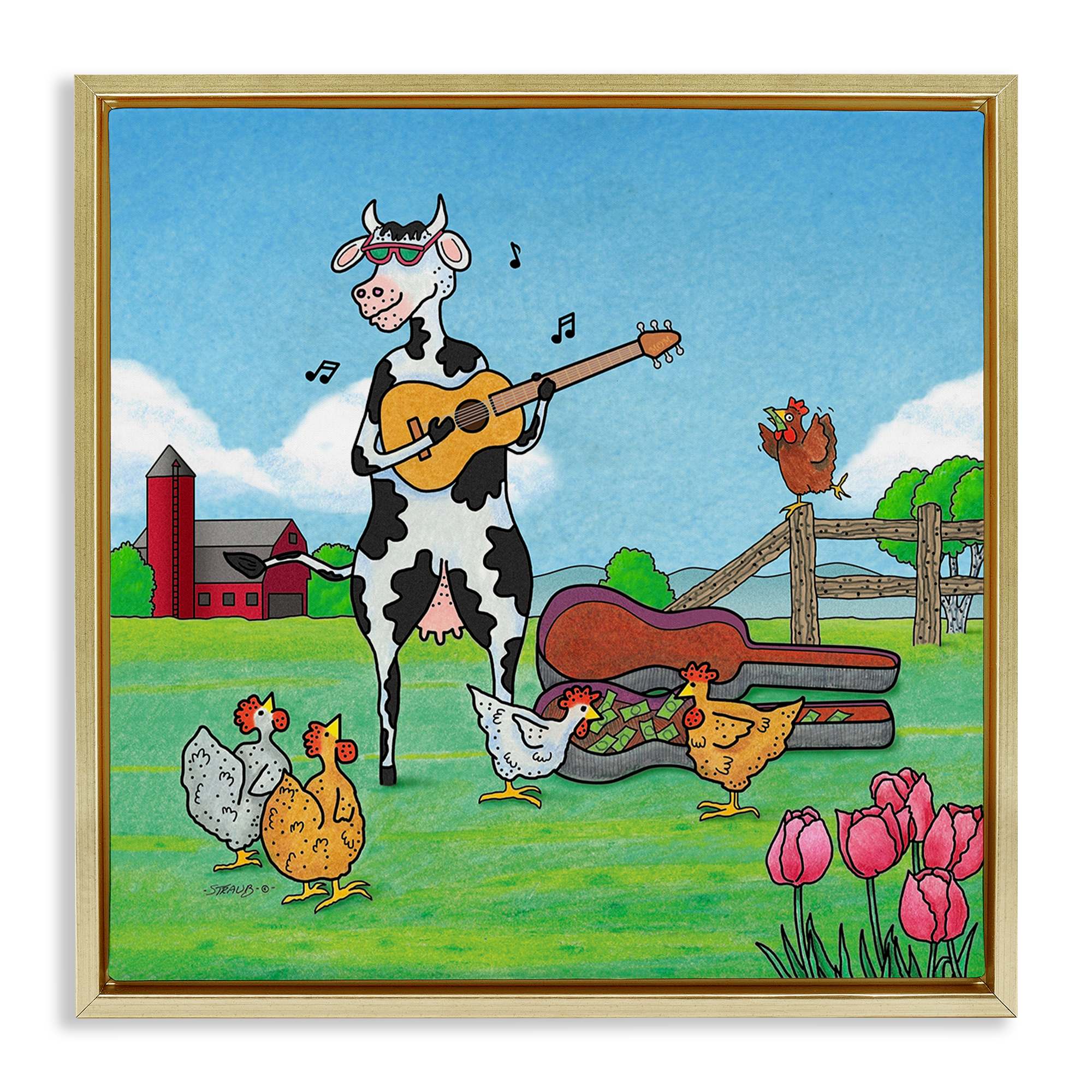 Stupell Industries BT-028-FFG-24X24 Busking Cow with Audience Gold Framed Floater Canvas Wall Art By Roger Straub 25 x 25
