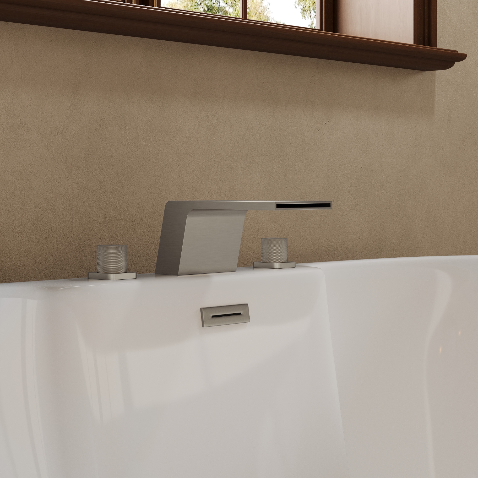 GRANDJOY  Brushed Nickel Waterfall Bathtub Faucet Widespread Double Handle Deck Mounted Roman Tub Faucet Valve Included