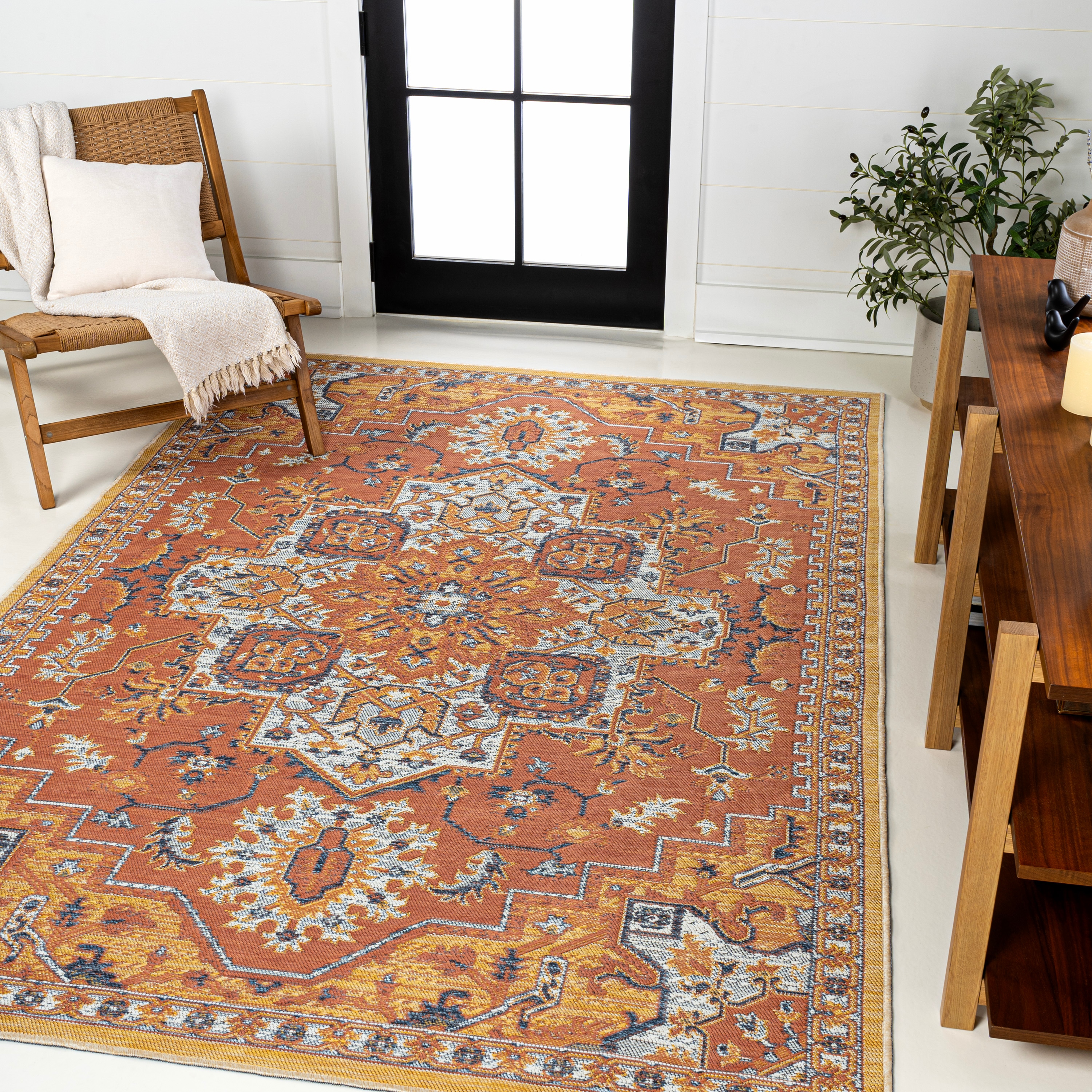 Bijan Terra Blue Cream Medallion Washable Reversible Rug 5x8