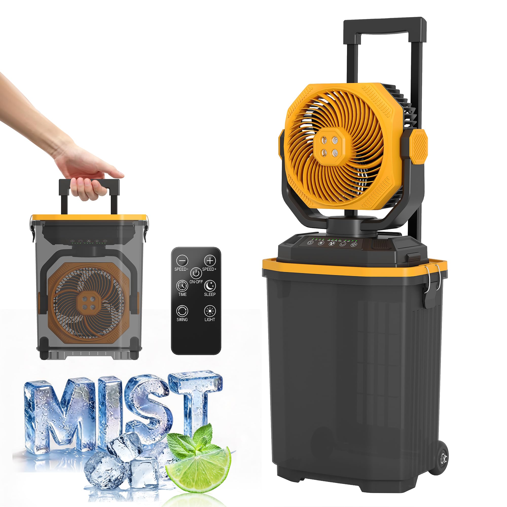 IdealHouse Large 15L Portable Misting Bucket Fan - 30000mAh Rechargeable Oscillating and Remote Control - Retractable Handle and Wheels - Ideal for Outdoor Camping Patio Beach Fishing Golf Travel