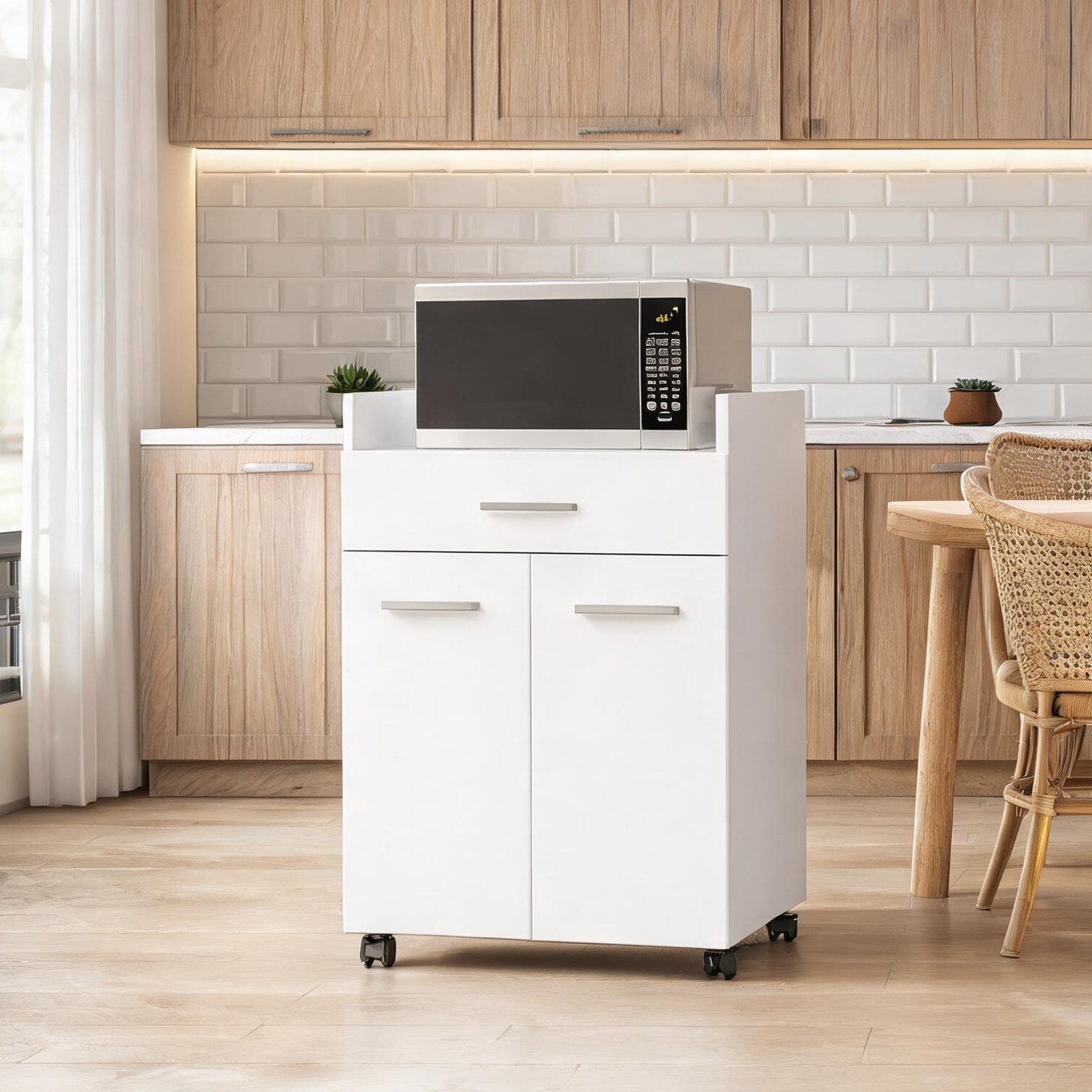 Naturefalls - Sleek White Engineered Wood Coffee Cart with Drawer and Rolling Wheels Compact Mobi...