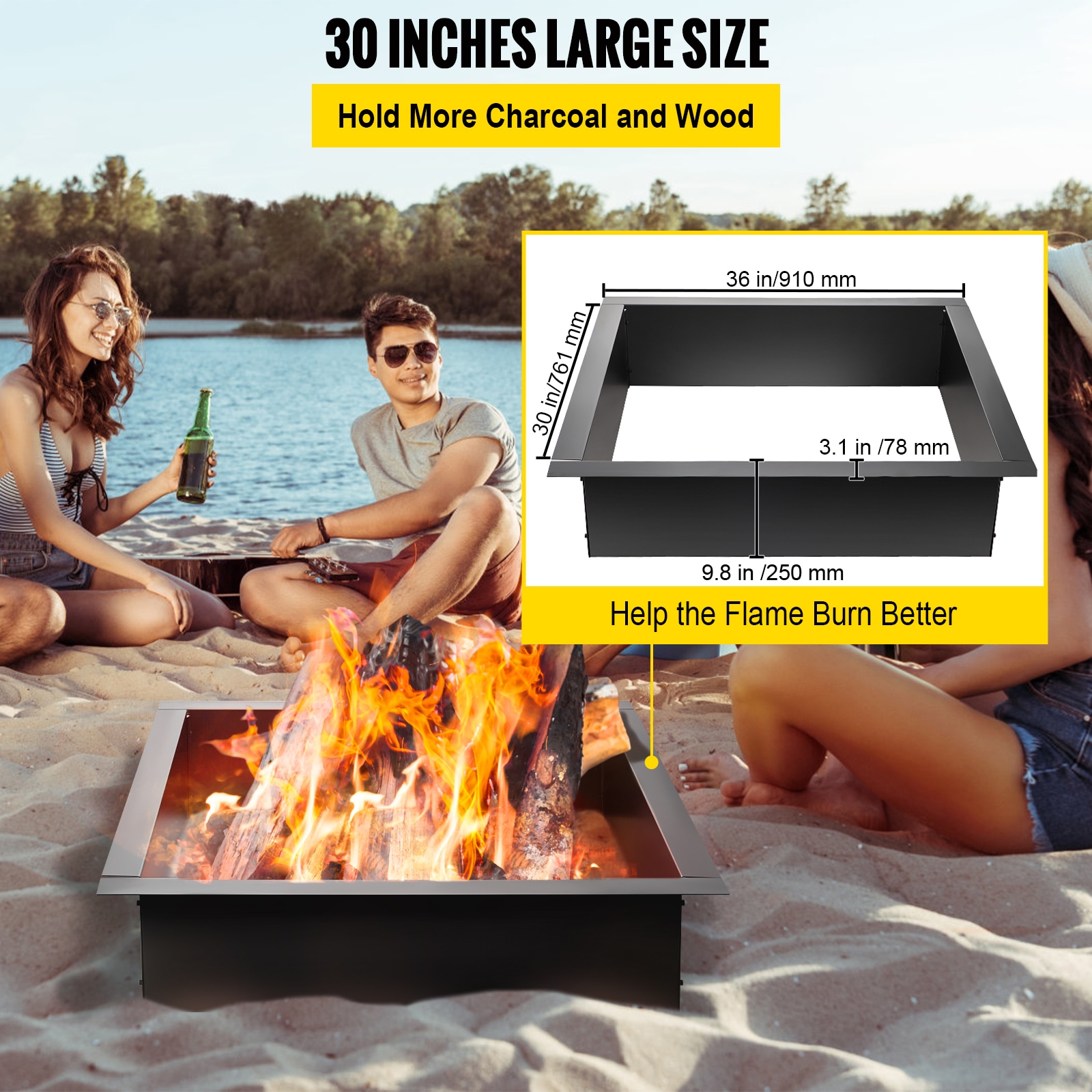 Black Steel Free-Standing Fire Pit Ring with Tongs