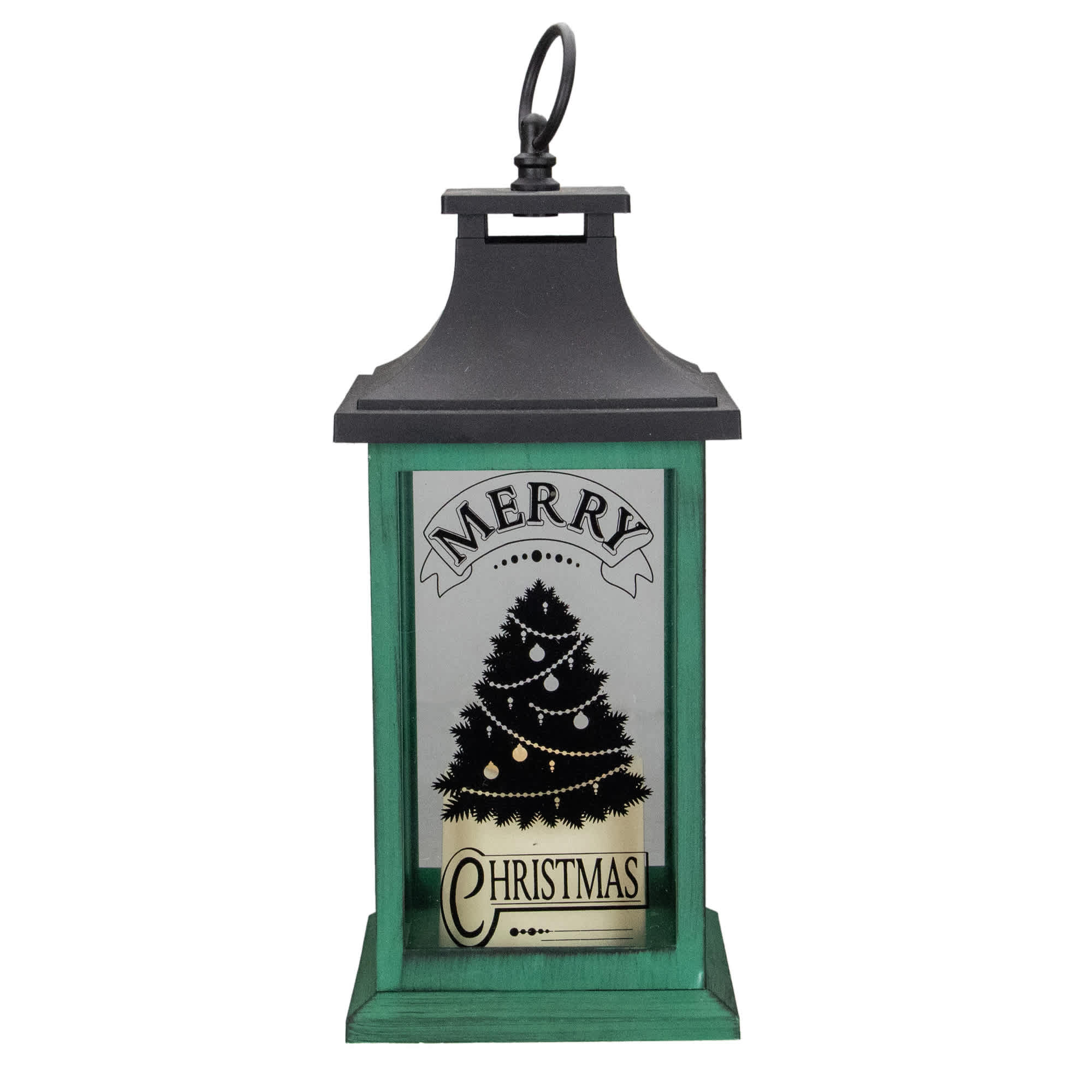 Northlight LED Candle With Christmas Tree Lantern - 12 inch - Green and Black