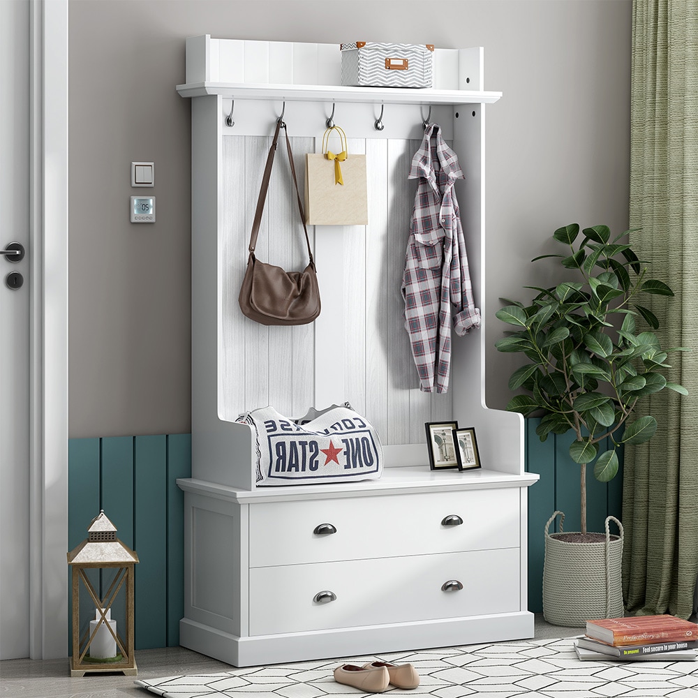 Runesay HALLTREE-11 Hall Tree Farmhouse 40.1-in White Composite Hall Tree