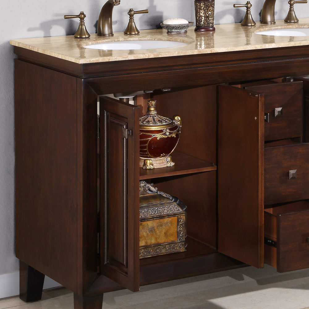 Silkroad Exclusive 55-in Dark Walnut Undermount Double Sink Bathroom Vanity  with Travertine Top in the Bathroom Vanities with Tops department at