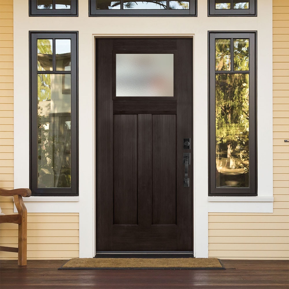 Masonite 628419 Pear Textured Glass 36-in x 80-in x 4-9/16-in Fiberglass Craftsman Left-hand inswing Walnut Stained Prehung Front Door with Brickmould Insulating core