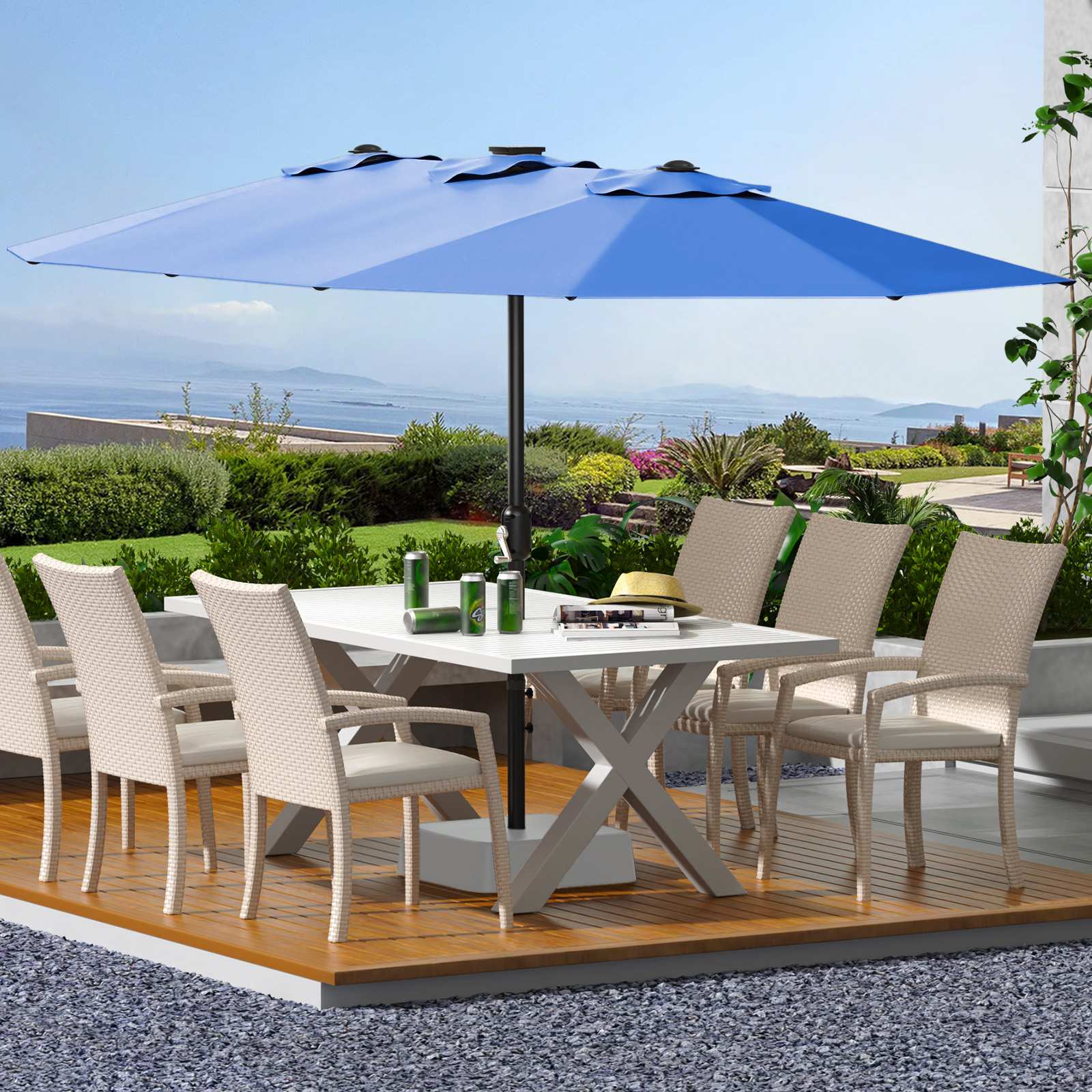 Qeetex SQY-PPG-33539943 13 FT Double Sided Rectangle Patio Market Umbrella Heavy Duty Waterproof and Windproof Umbrella for Poolside Lawn and Backyard Blue