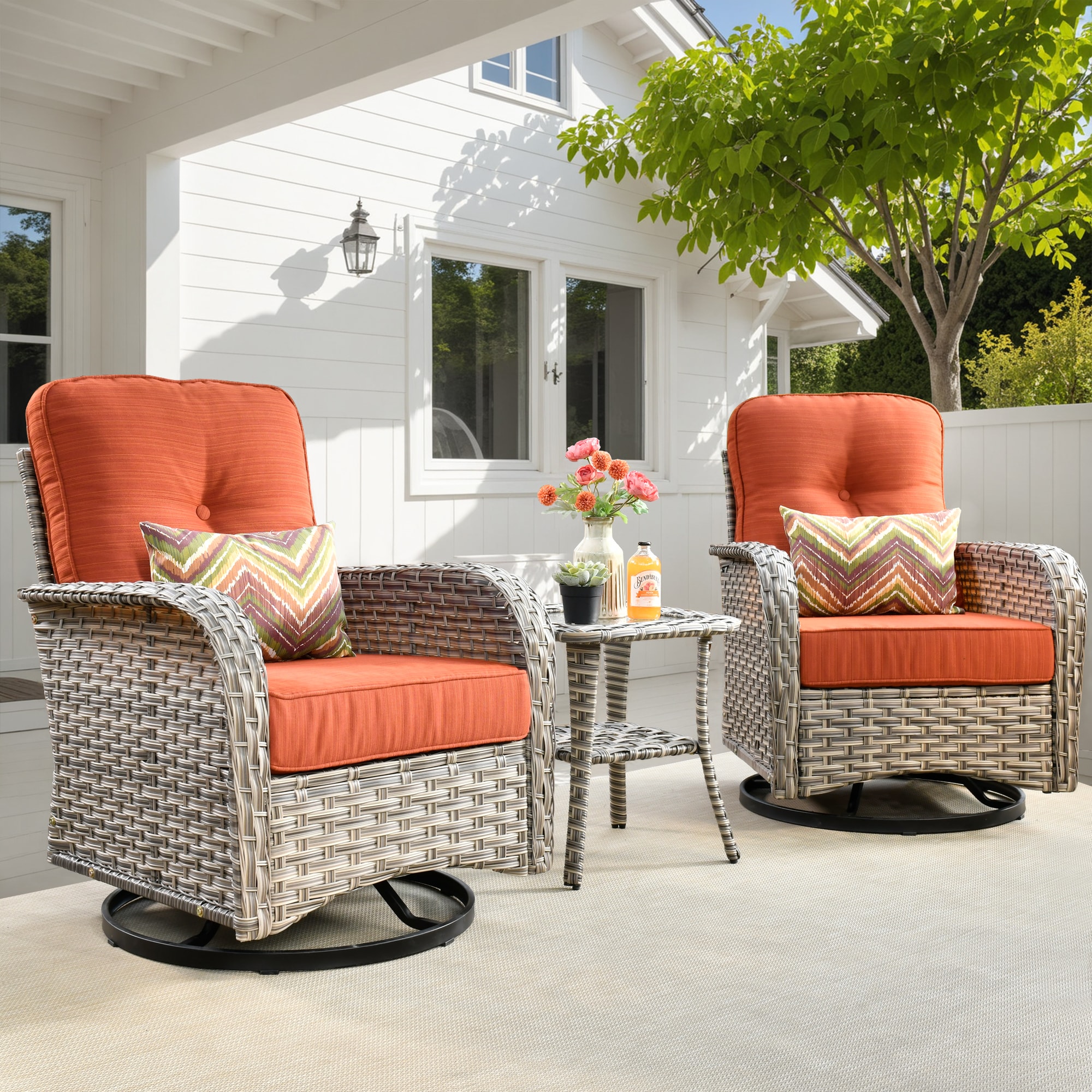 Ovios VNC-8Y 3-Piece Wicker Patio Conversation Set with Orange Cushions