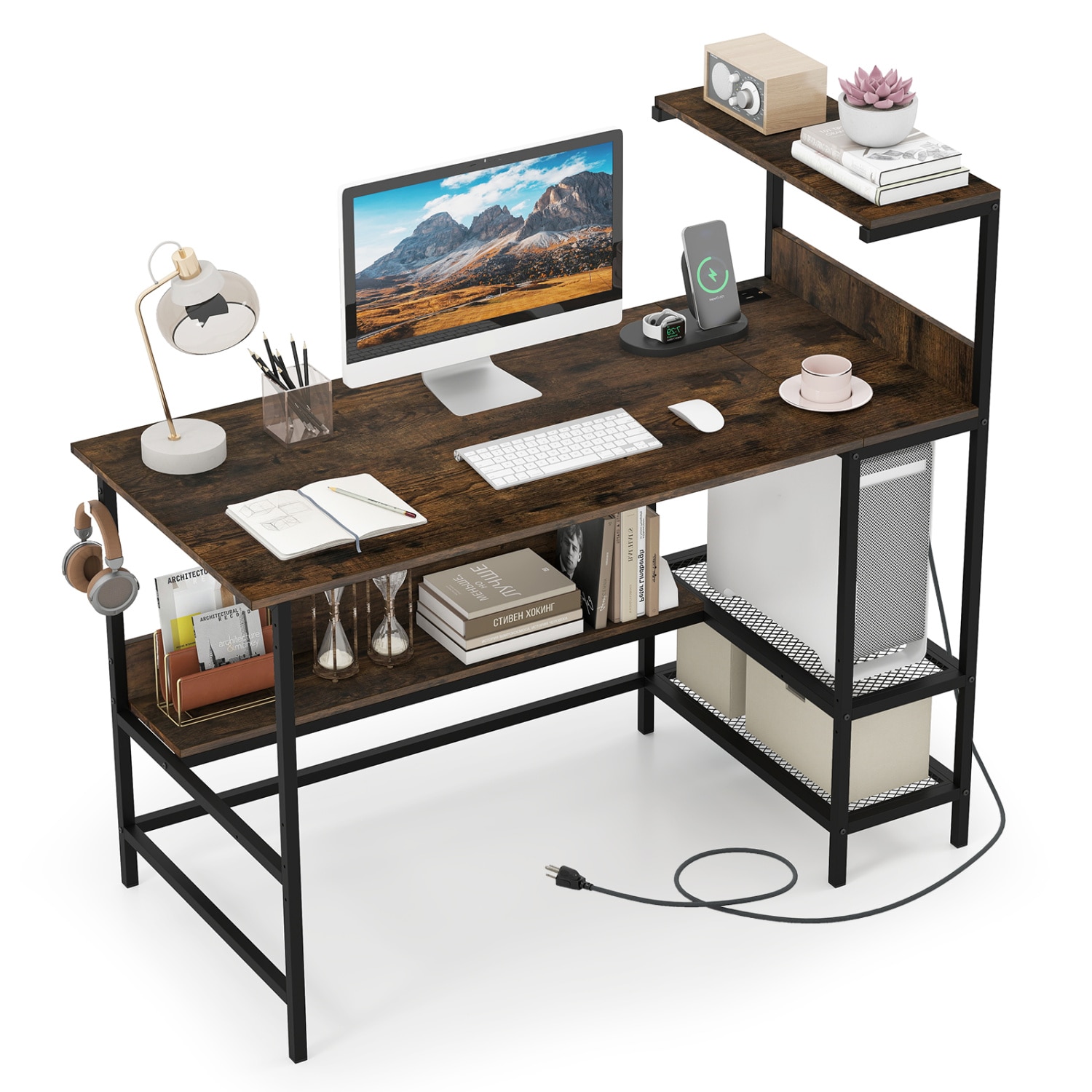 Volenca - 48-in Computer Desk with Power Outlets Mesh Shelves and Hanging Hook 88-lb Manufactured...