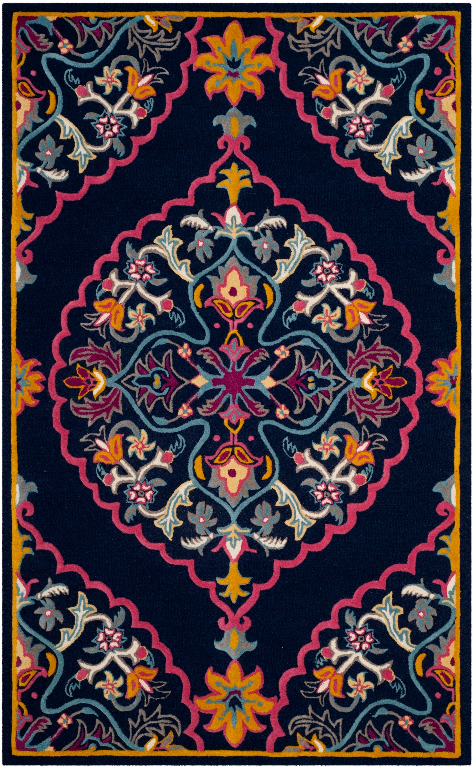 Safavieh BLG605C-5 Bellagio Nijar 5 x 8 (ft) Tufted Wool Navy Blue/Multi Rectangular Indoor Floral/Botanical Global Area rug