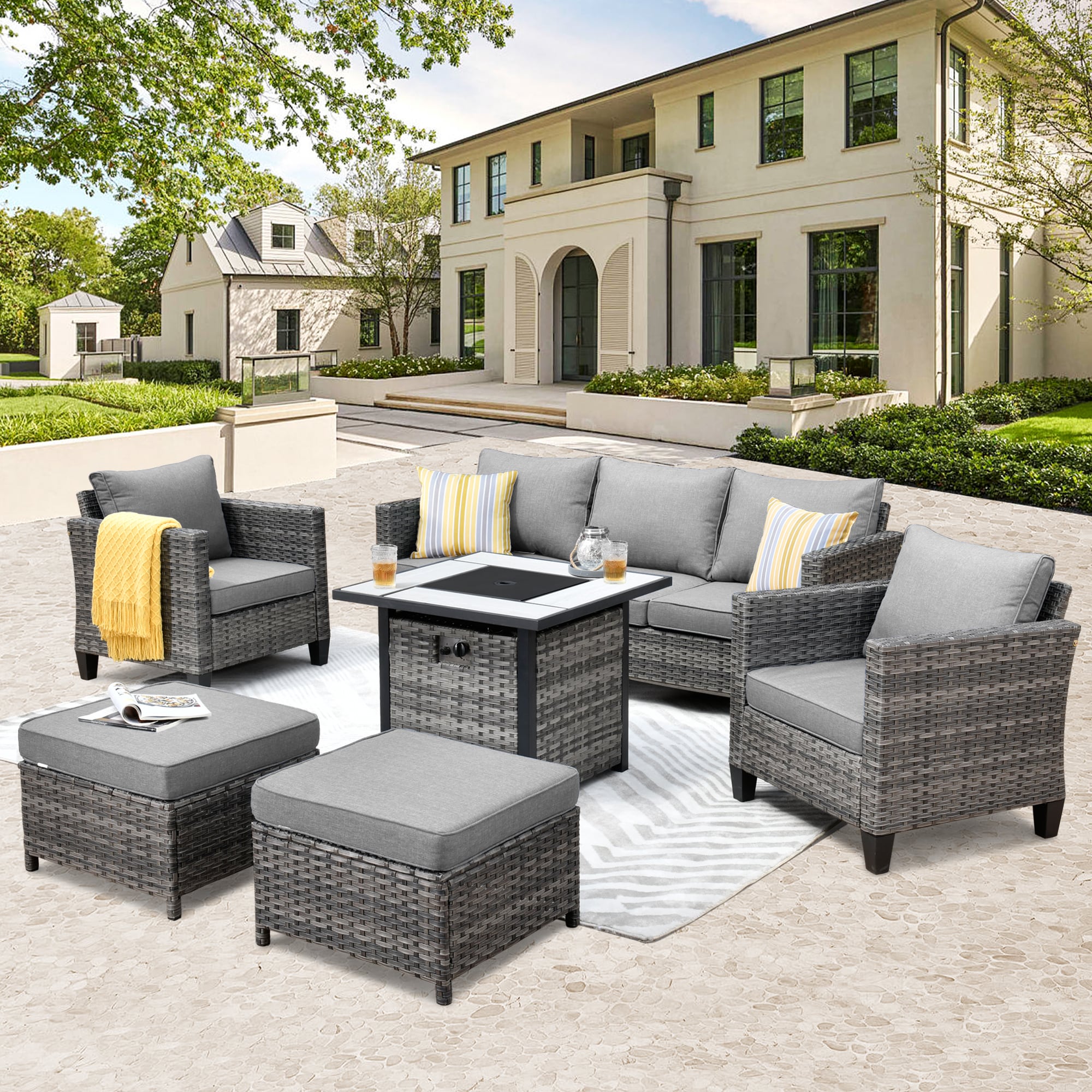 Pouuin SFPGRS206 6 -Piece Wicker Patio Sofa Conversation Set with Dark Gray Olefin Cushions