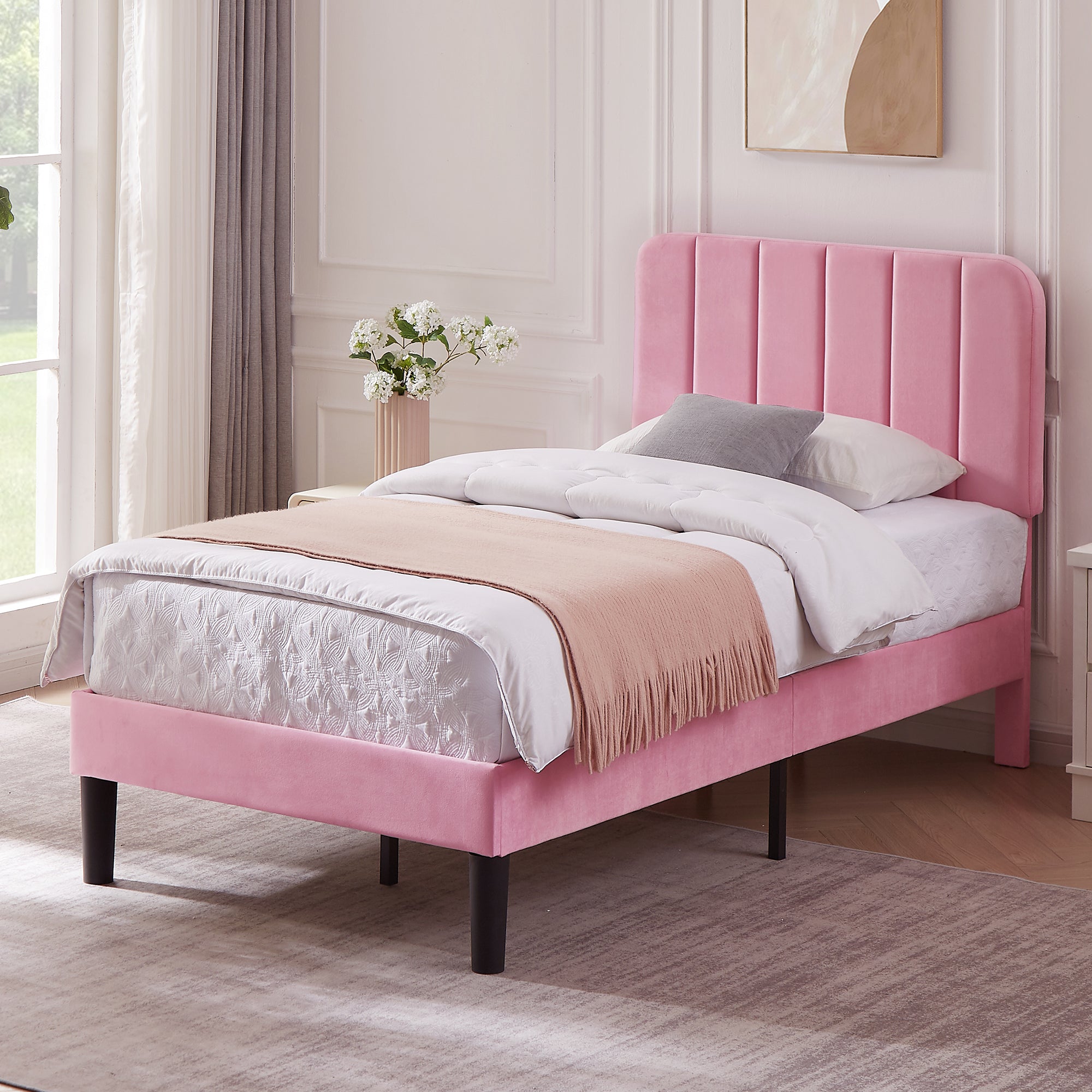 Vecelo LOE-CY-TB01-PNK Twin Size Queen Bed Frame Velvet Upholstered Platform with Adjustable Headboard Wooden Slat Pink