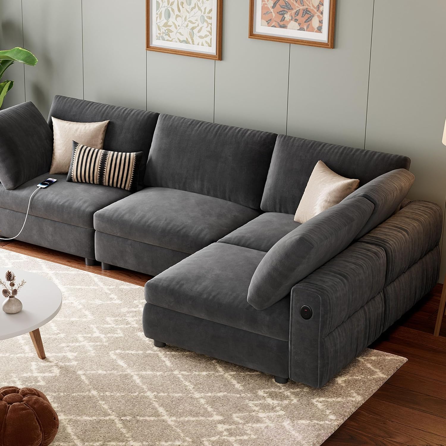 Qeetex LHF-SF-QTY9U8030 104 Inch Modular Sectional Sofa for Living Room - L Shaped Convertible Sectional Couches with Charging Station - 4-Seater Cloud Couch with 6 Pillows for Office and Apartment - Velvet - Grey