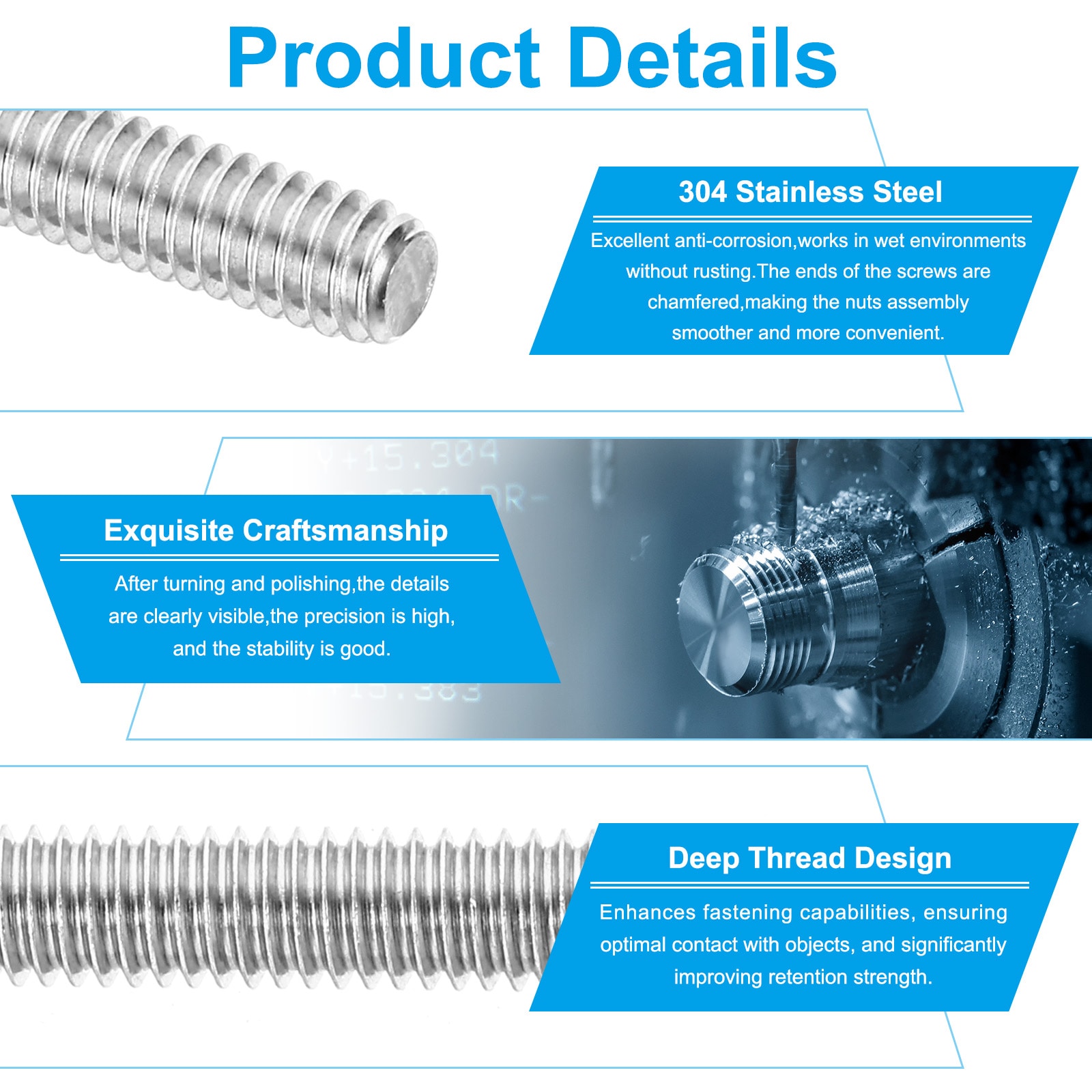 PATIKIL 3/8 Inch-16 UNC 304 Stainless Steel Fully Threaded Rod 15pcs 3 ...