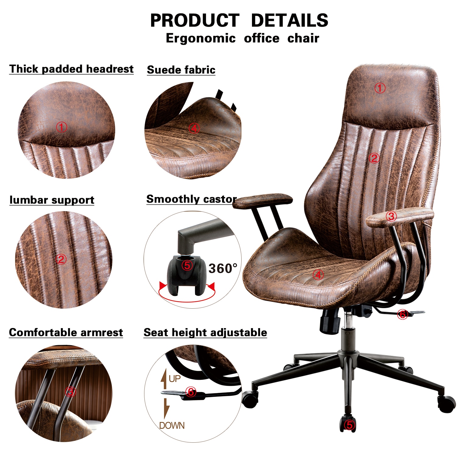 XIZZI Dark Brown Office Chair Traditional Ergonomic Adjustable