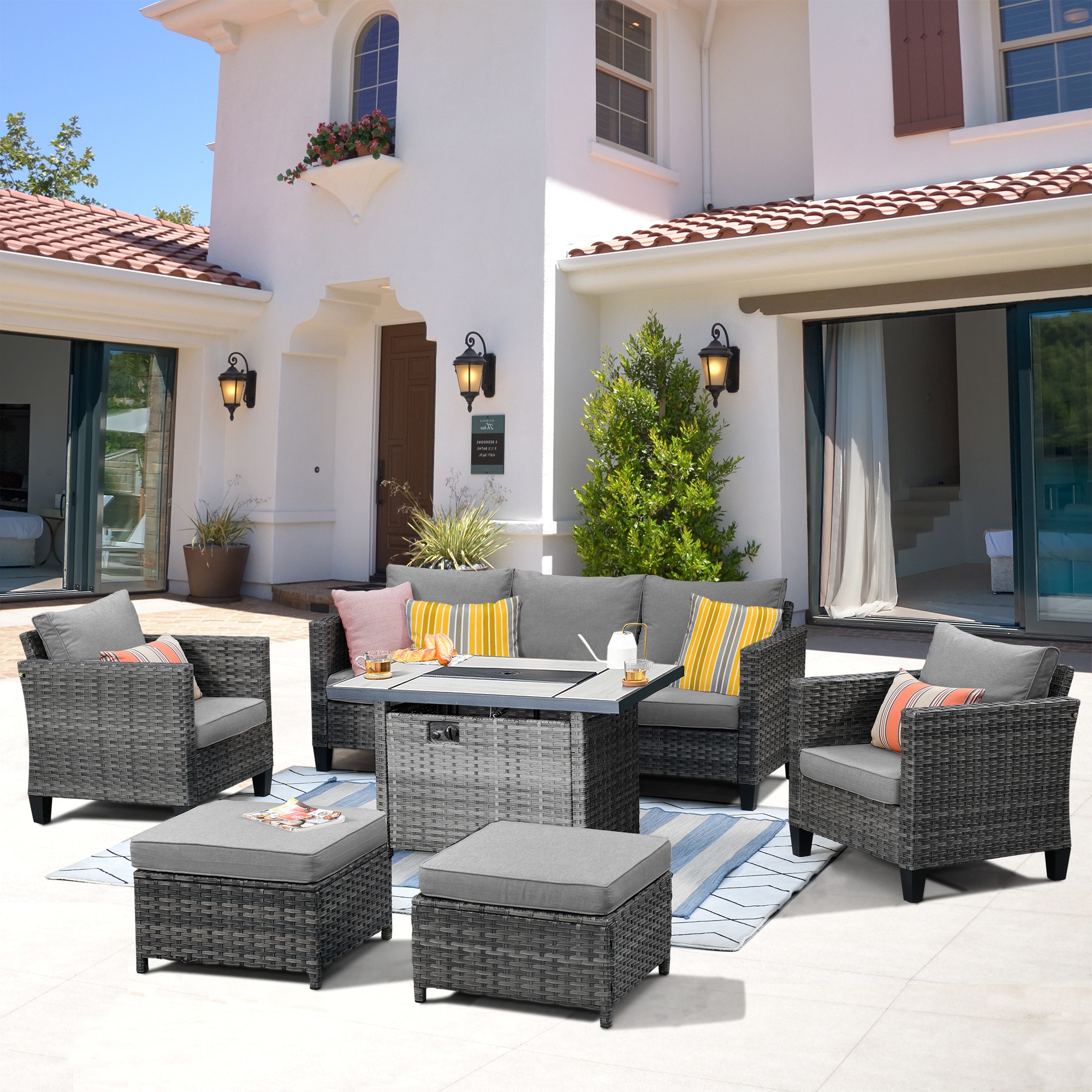 XIZZI XSQ20063-CFP Ruby 6 -Piece Rattan Patio Sofa Conversation Set with Dark Gray Cushions
