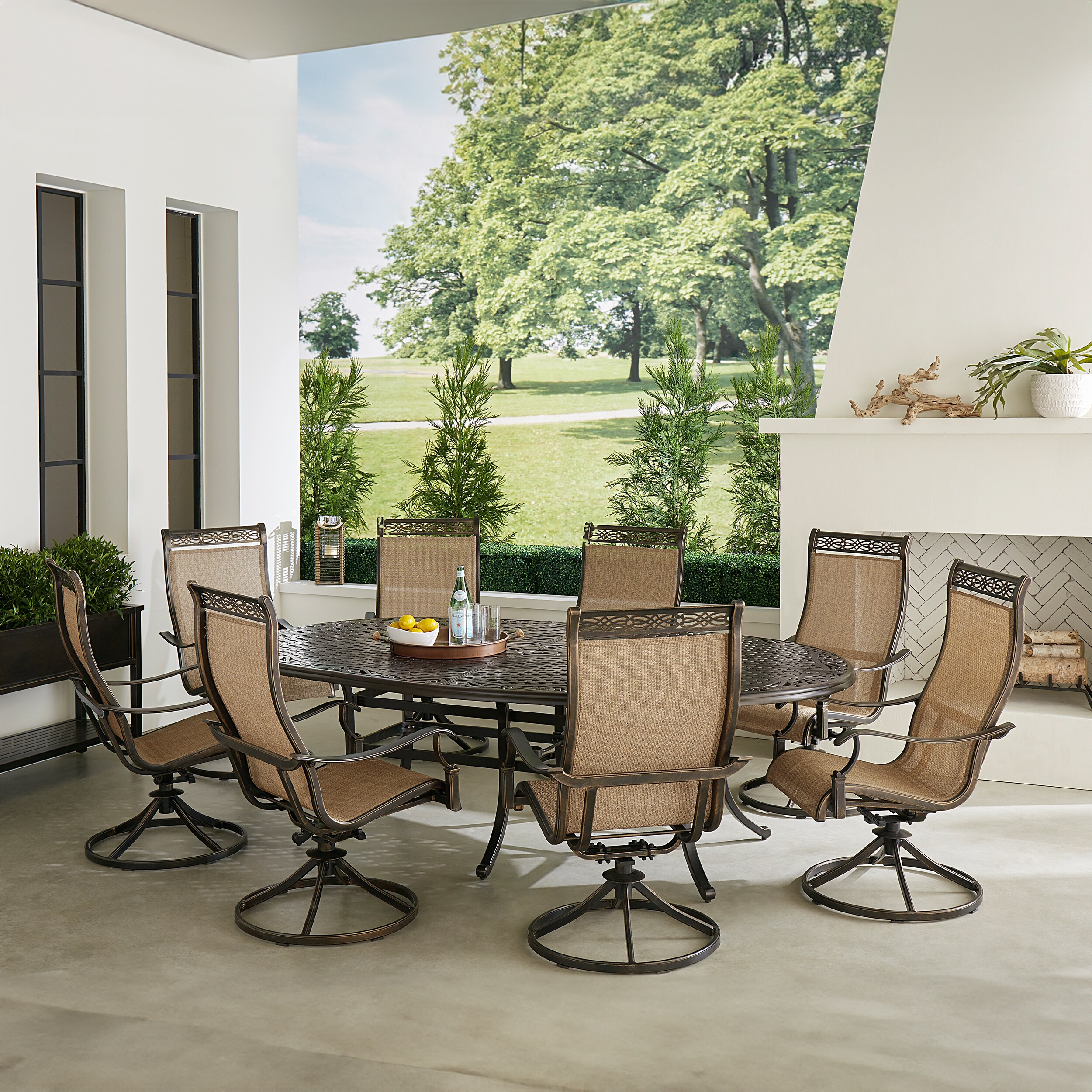 Bronze 9-Piece Outdoor Dining Set with Swivel Rockers