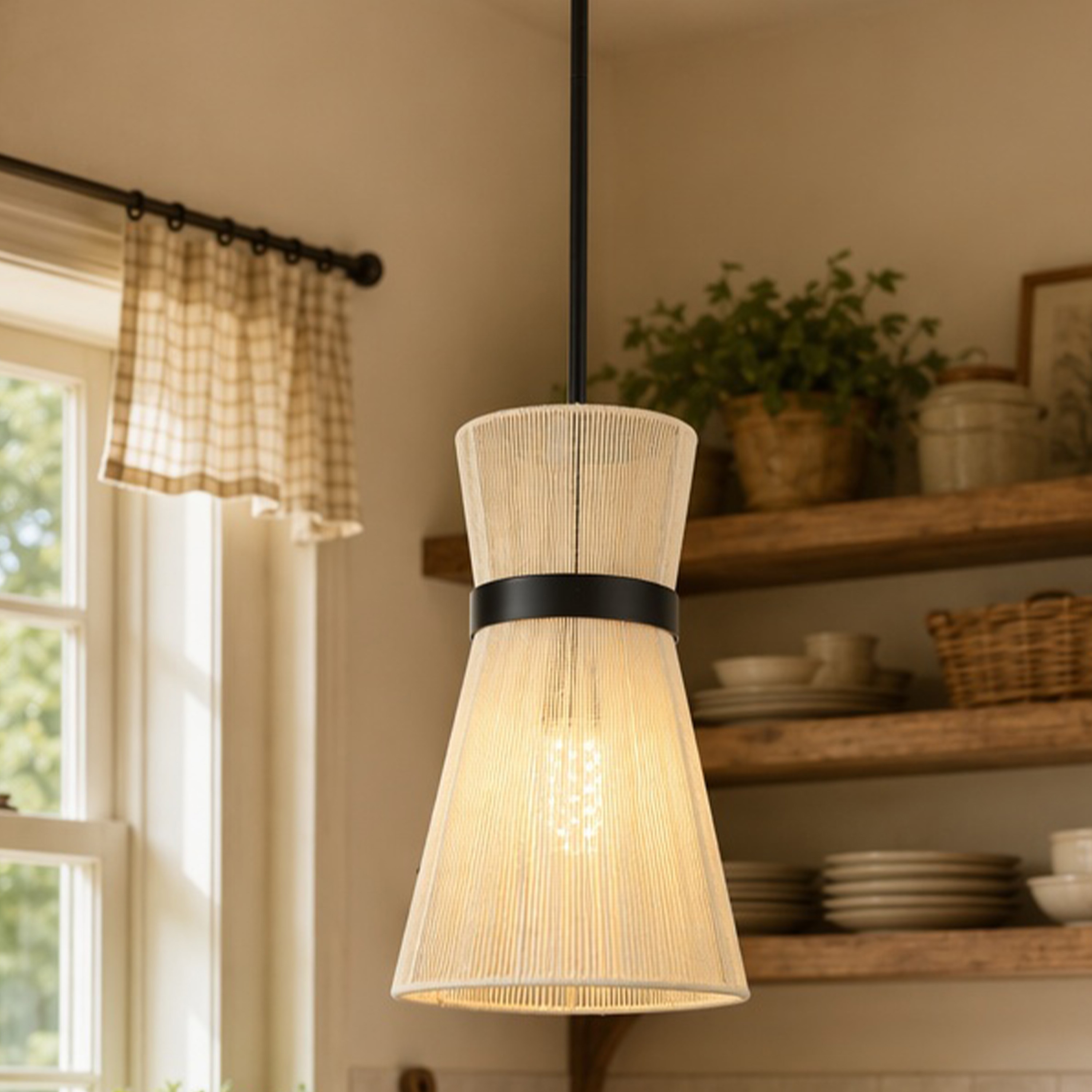 GZJunYo 1-Light Matte Black Farmhouse Handwoven Natural Rope Hourglass Small Hanging Pendant Light