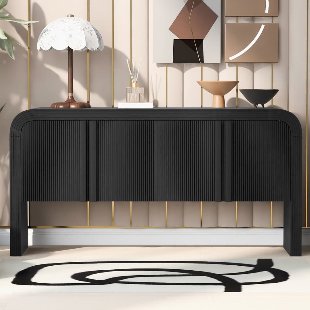 Coolbibila 62-in Black Wood Entryway Console Table with 4 Wave Doors and Adjustable Shelf Curved Narrow Sofa Table Behind Couch