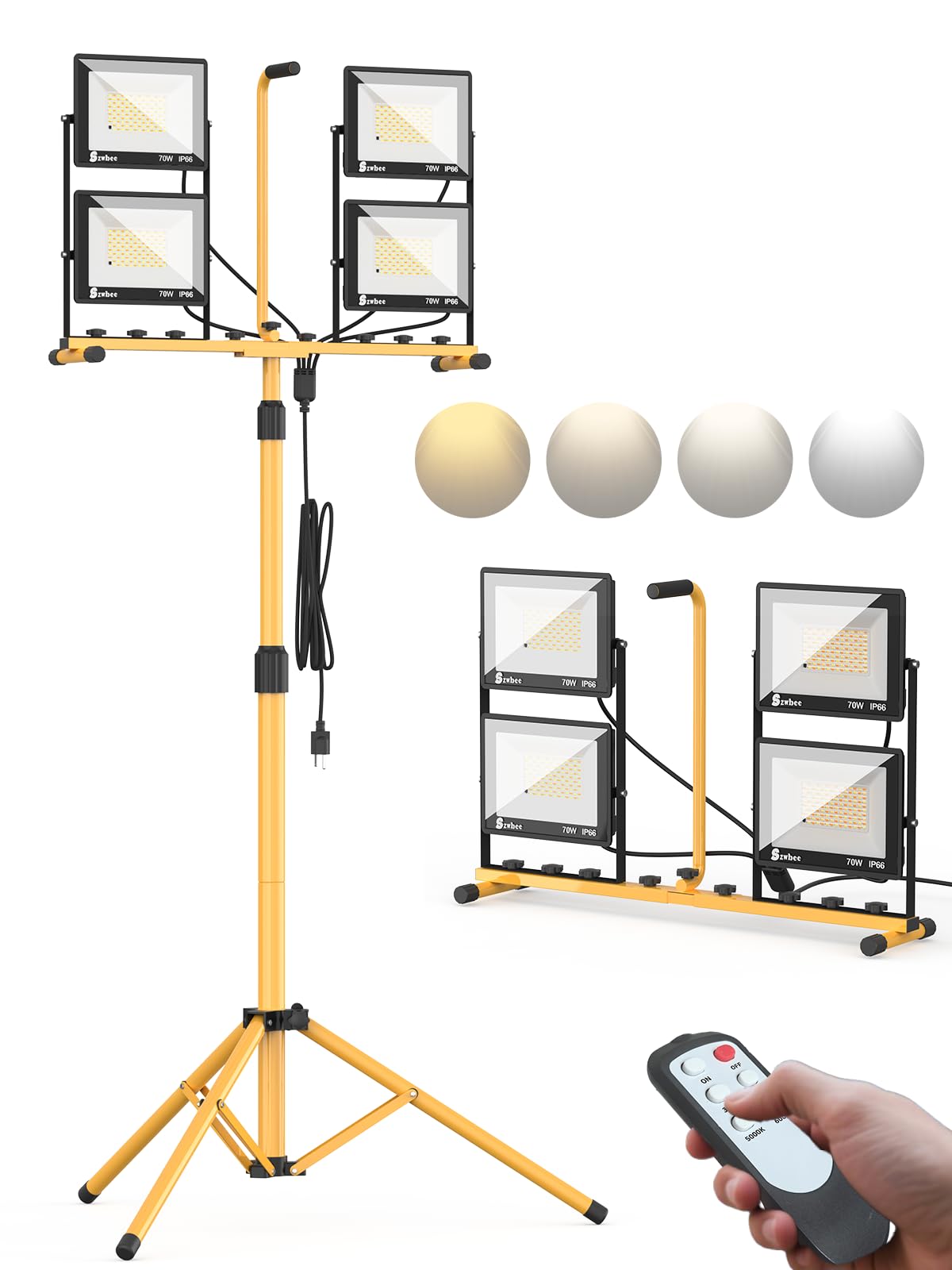 Aoibox  1 Piece 32000 Lumen LED Work Light with Stand and Remote 4 Head 280W Tripod 16.5FT Cord Adjustable 3000K 6000K Waterproof for Indoor Outdoor Job Site