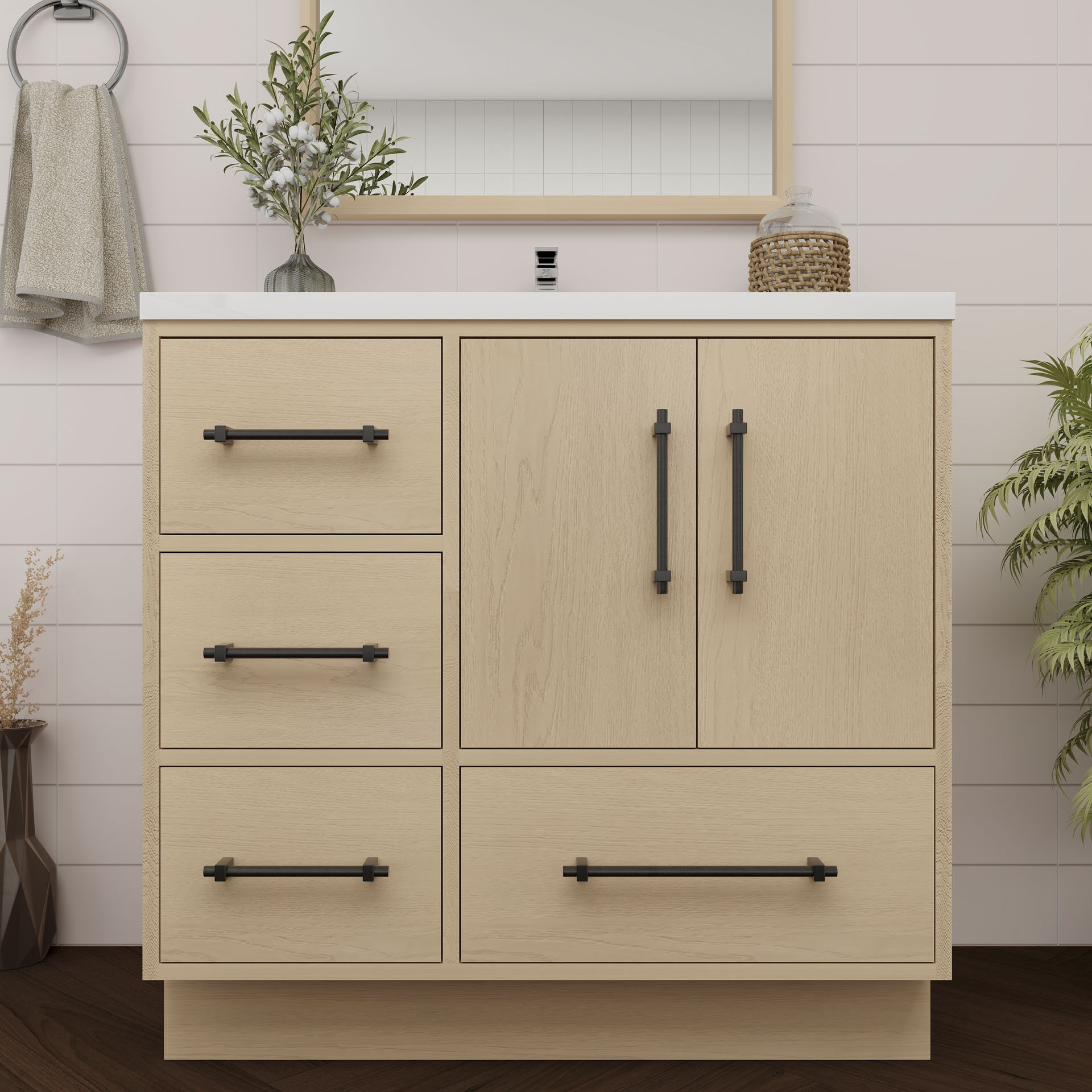 BV Better Vanity VICTORIA36LFS-YO Victoria 36-in Yellow Oak / Left Side Drawers Single Sink Bathroom Vanity with White Acrylic Top (Fully Assembled)