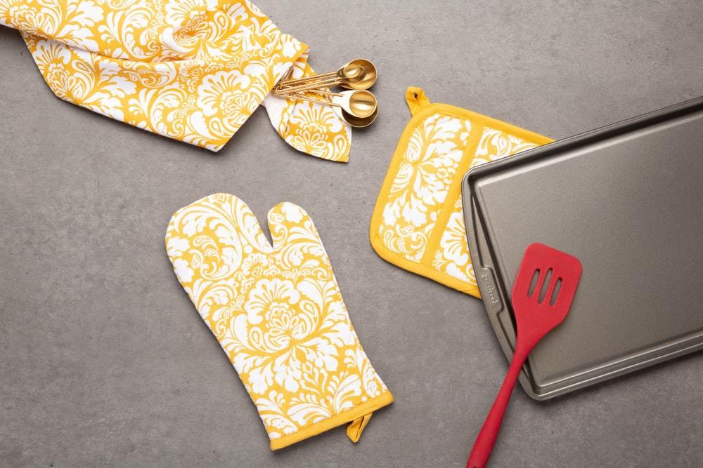 Mustard Yellow Cotton Damask Print Dishtowel Set of 2