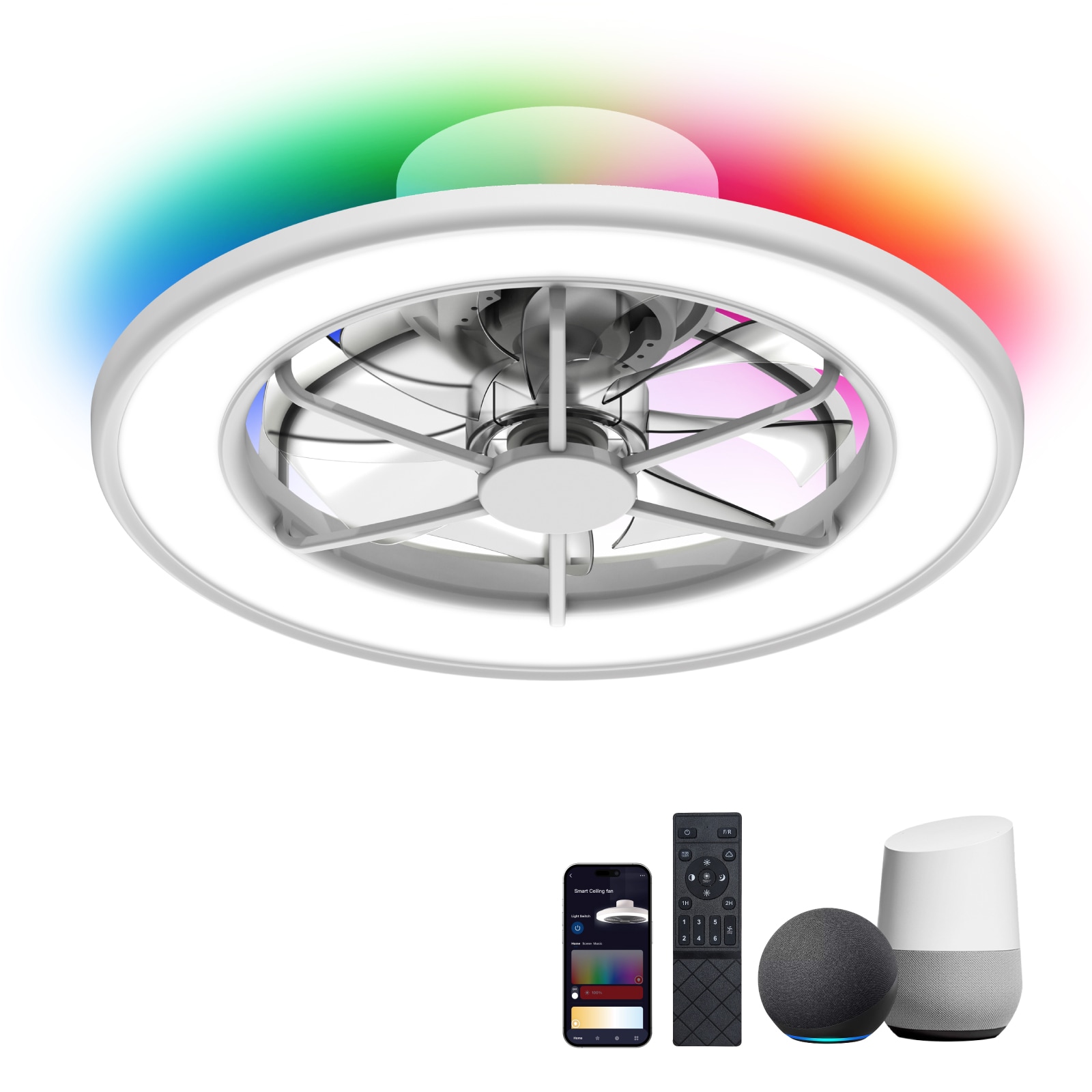 TALOYA TLY-M-SM-WE-X18 AuraFan 18-in Integrated LED Flush Mount Matt White with Matte Blades Ceiling Fan With Light and Remote ( 8 -Blade )