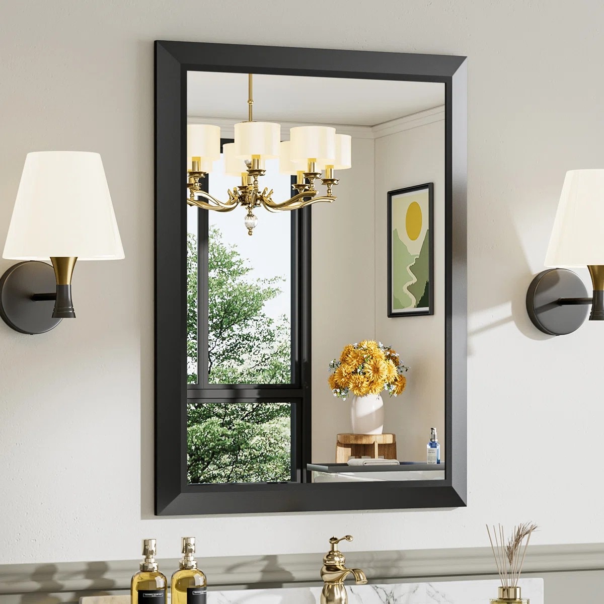 Blisstyle Tempered Glass Horizontally and Vertically 24-in x 32-in Framed Rectangle Bathroom Vanity Mirror ( Black )