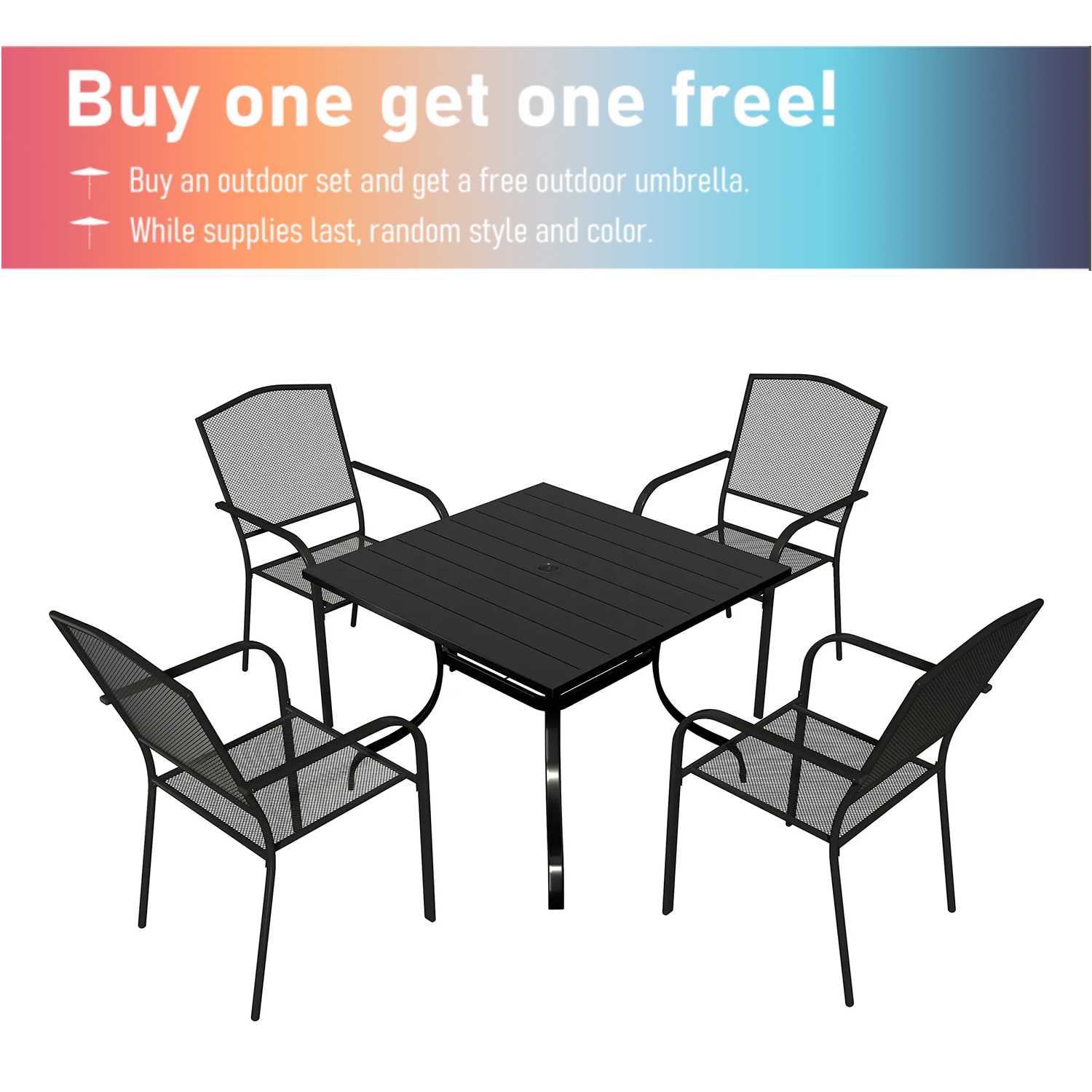 Mondawe MO-5SL4TW1STBR 5 -Piece Black Patio Dining Set Iron Square Table with 4 Stackable Stationary Chairs and Umbrella Included