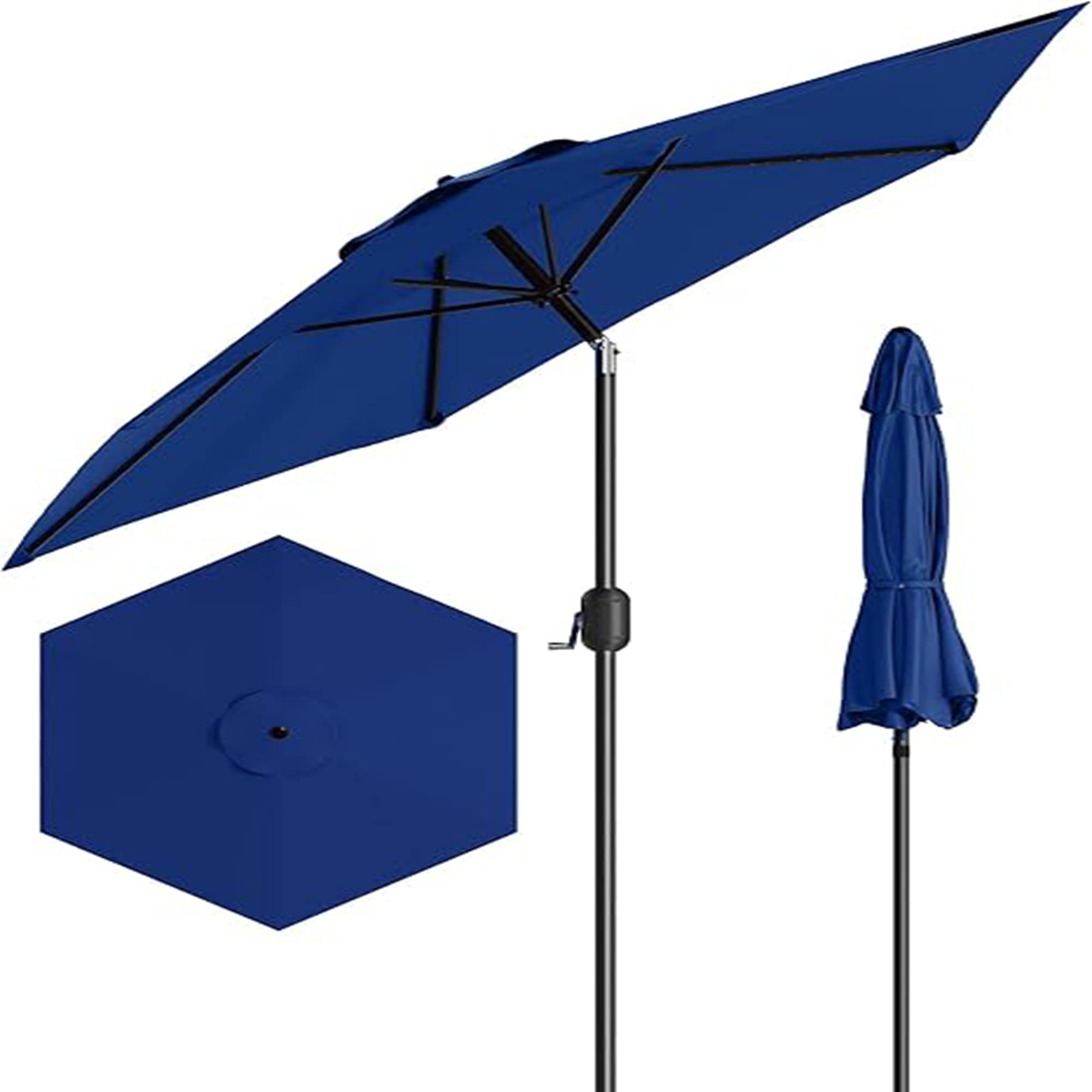Qeetex LSHQQPPG-334PDT6L 7.5 Ft Folding Patio Umbrella With 6 Sturdy Ribs  Push-Button Tilt And Crank  Polyester Fabric Without light   Navy Blue