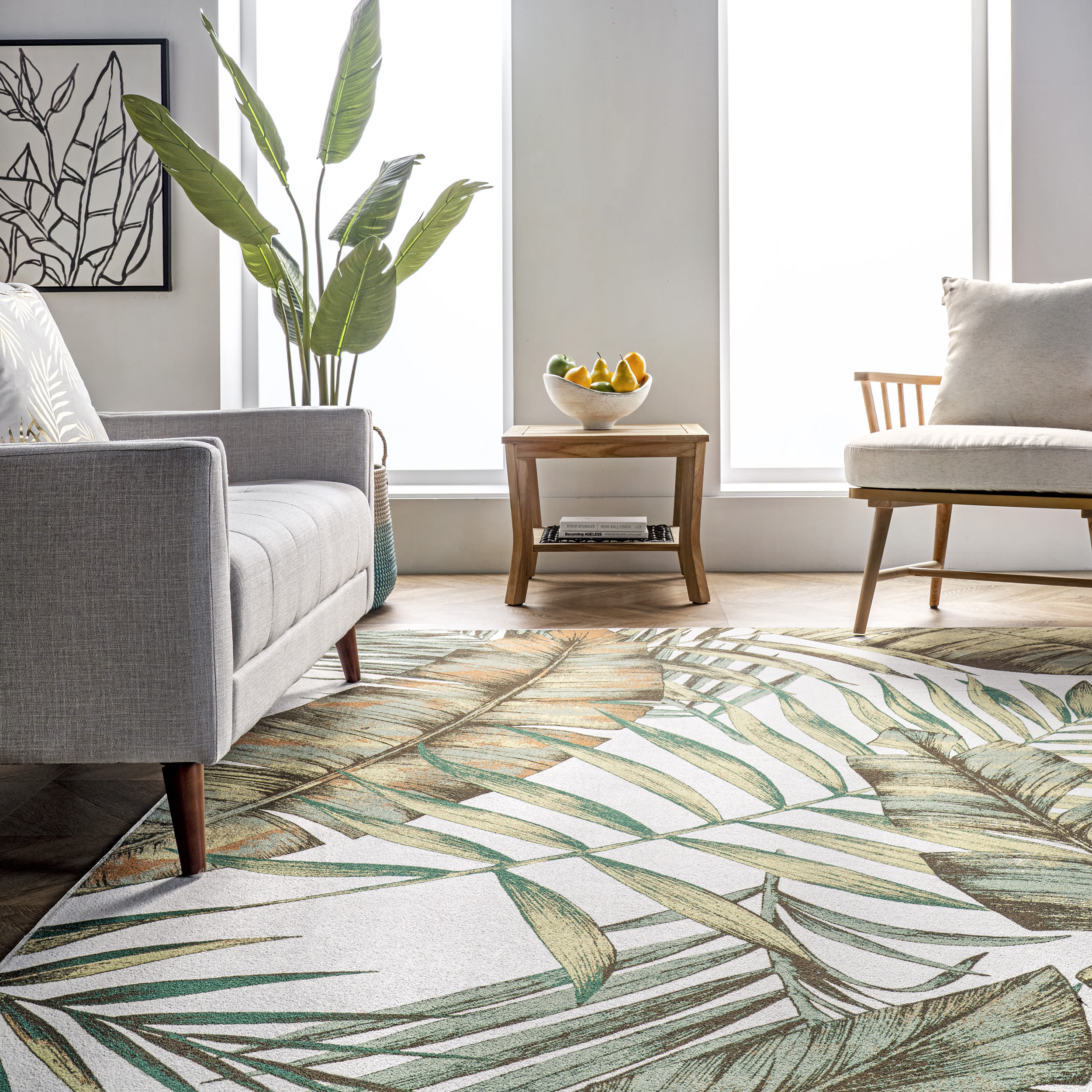 Olive and Beige Synthetic Rectangular 4' x 6' Washable Area Rug