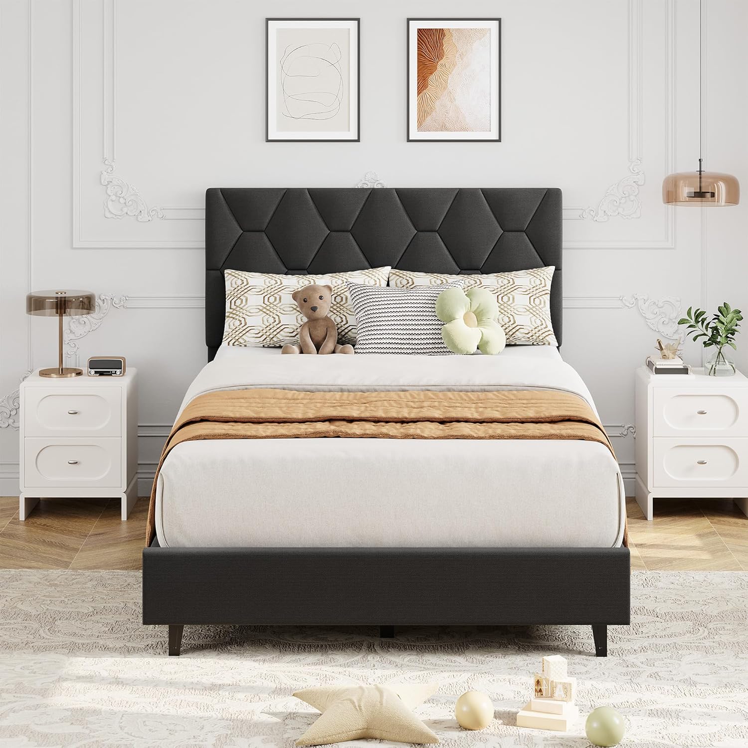 Garvee Queen Size Bed Frame with Upholstered Velvet Headboard/ Modern ...
