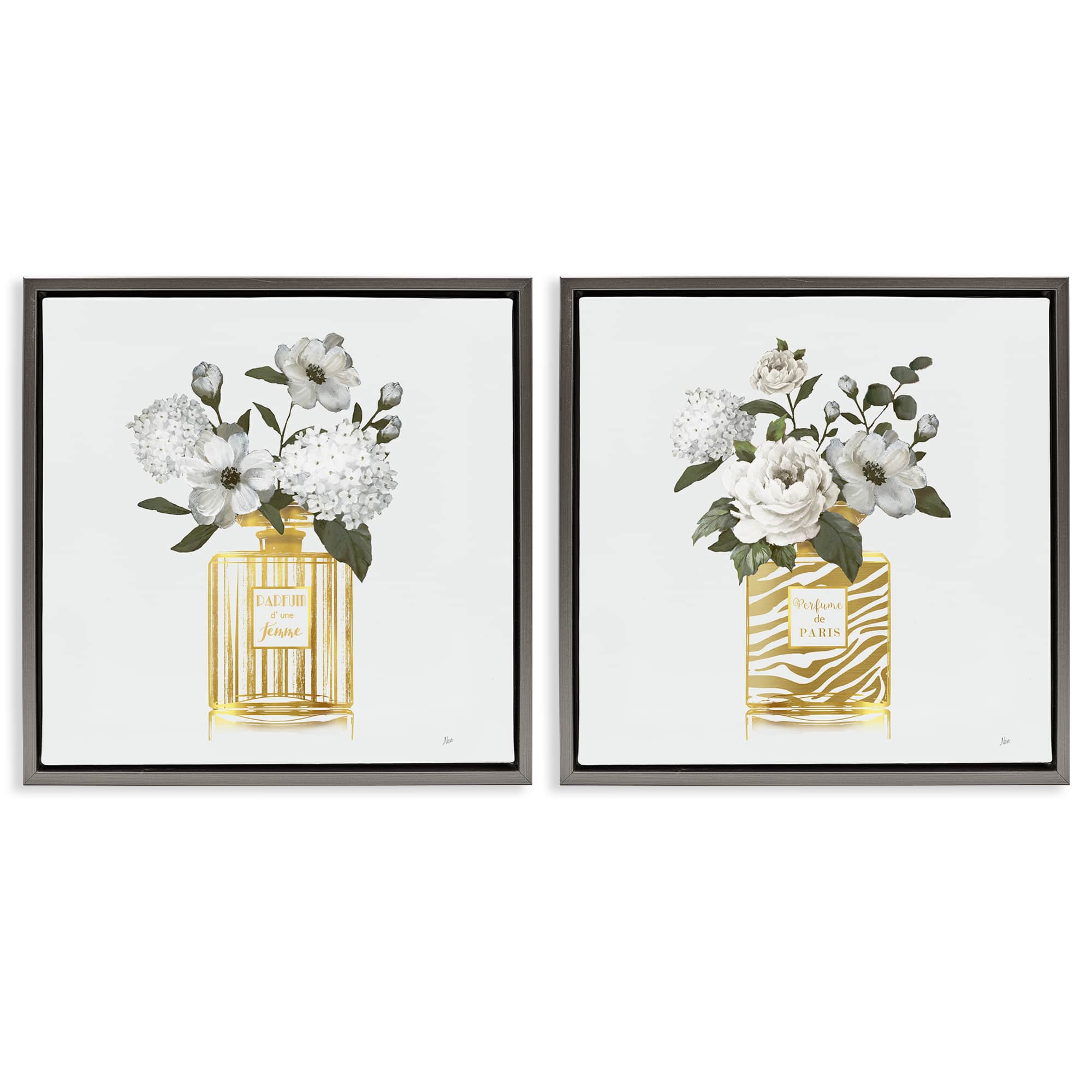 Stupell Industries B2-745-FFL-2PC-24X24 Glam Detailed Perfume Bouquets 2 Piece Gray Framed Floater Canvas Set By Nan 25 x 25