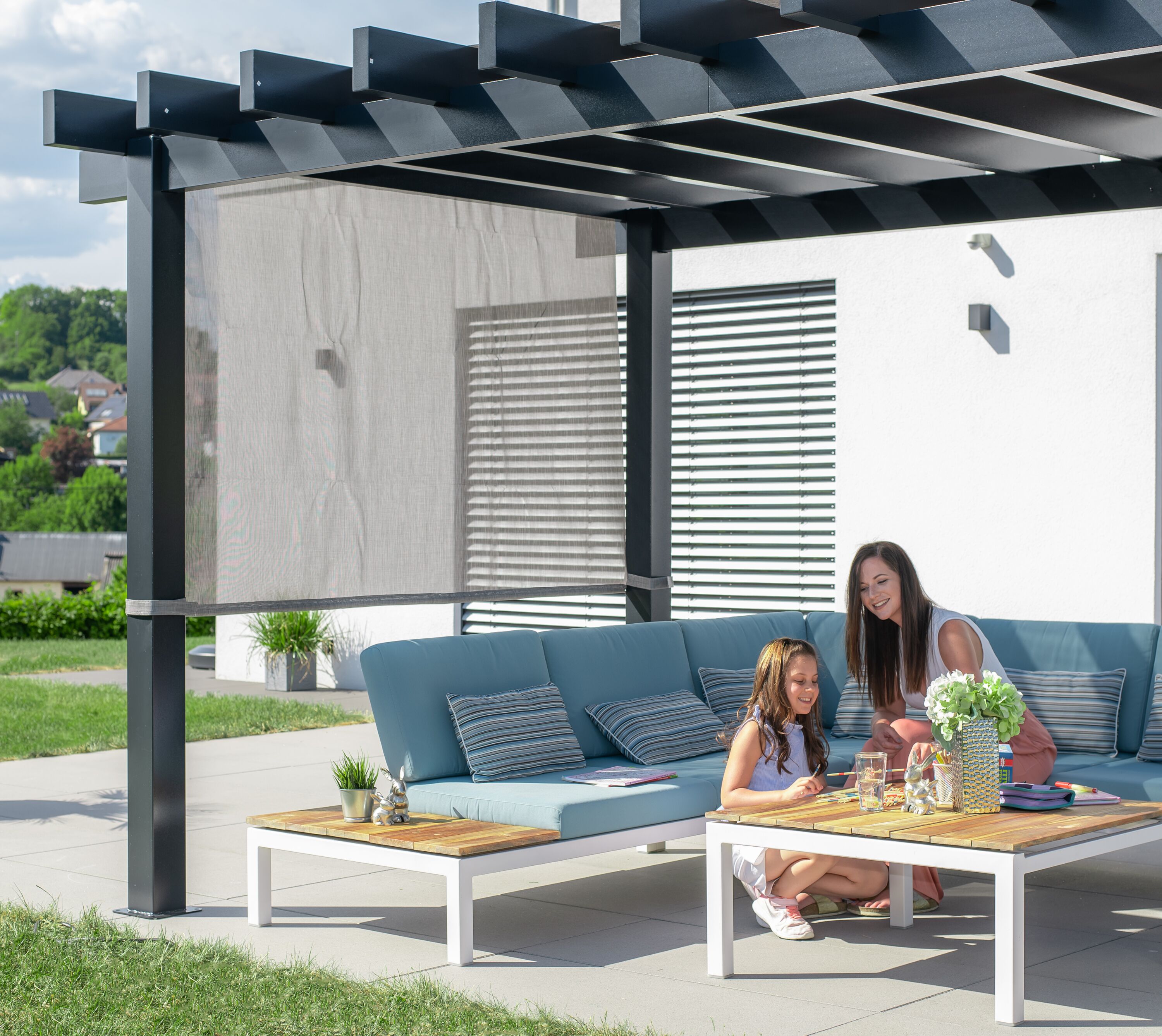 Yamba 10' x 16' Gray Aluminum Pergola with Fabric Canopy