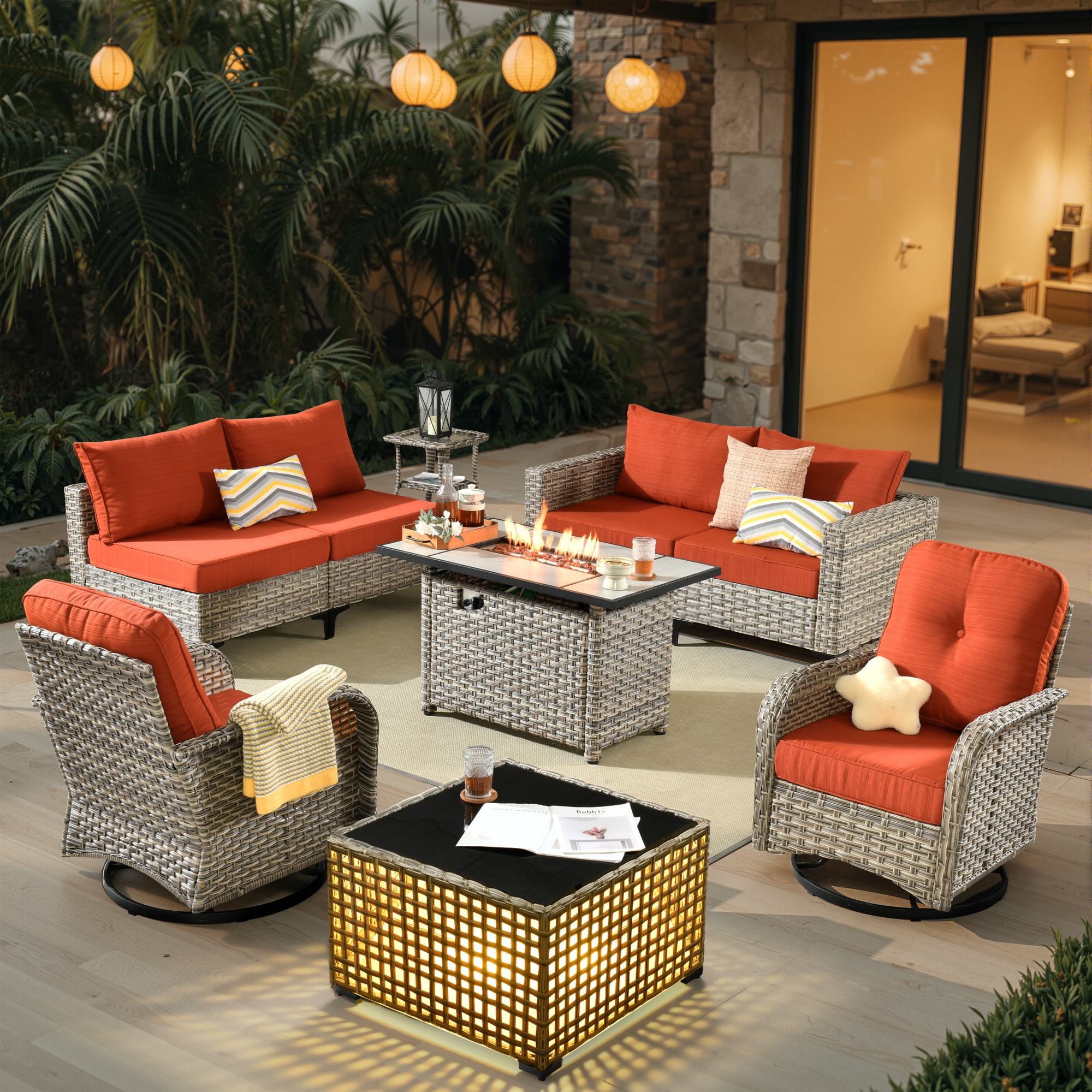 weaxty CFPDSCRRSYZVNC80C9 9 -Piece Wicker Patio Conversation Set with Orange Cushions
