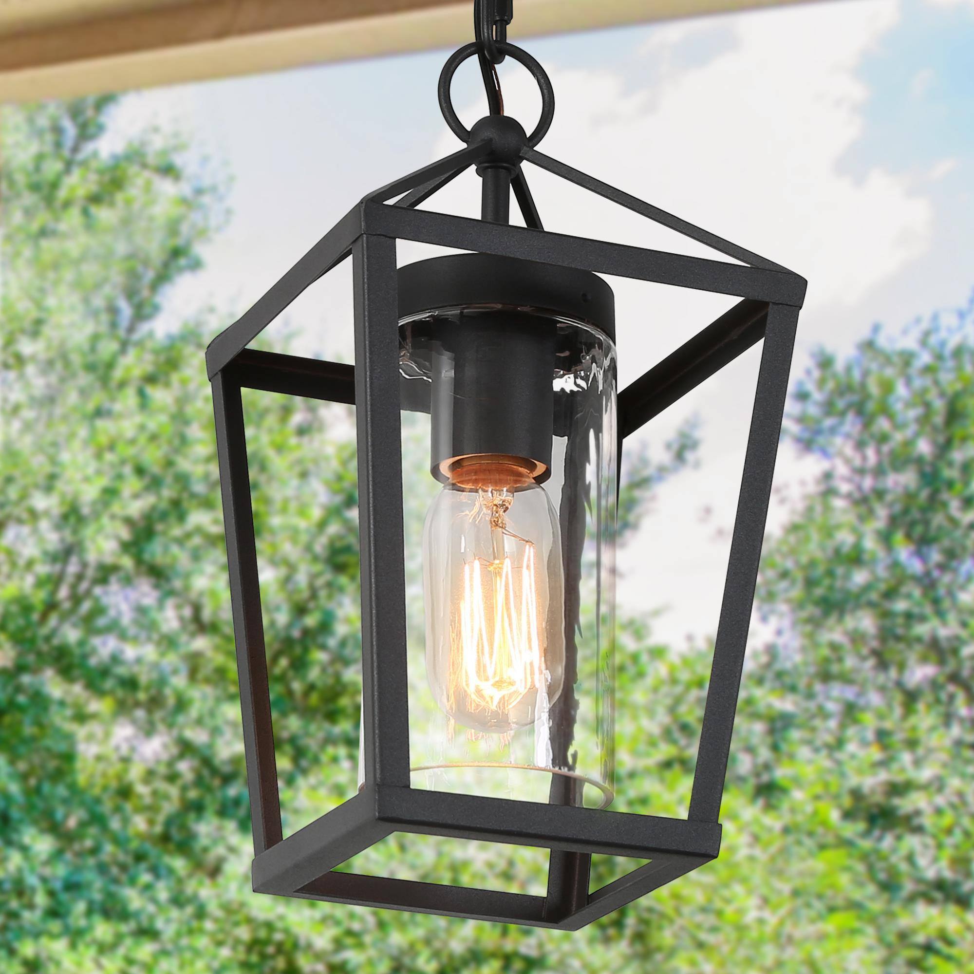 Uolfin 1 -Light Black Geometric Modern/contemporary Clear glass Cylinder Small Outdoor Hanging Pendant Light
