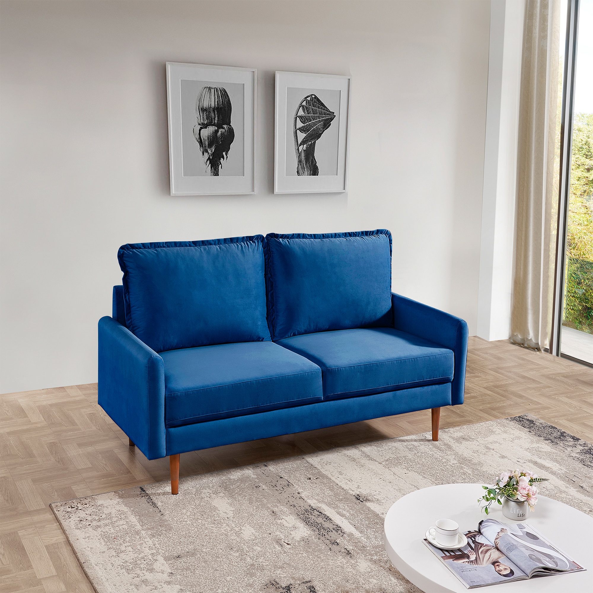 57 Inch Blue Velvet Loveseat with Solid Wood Legs