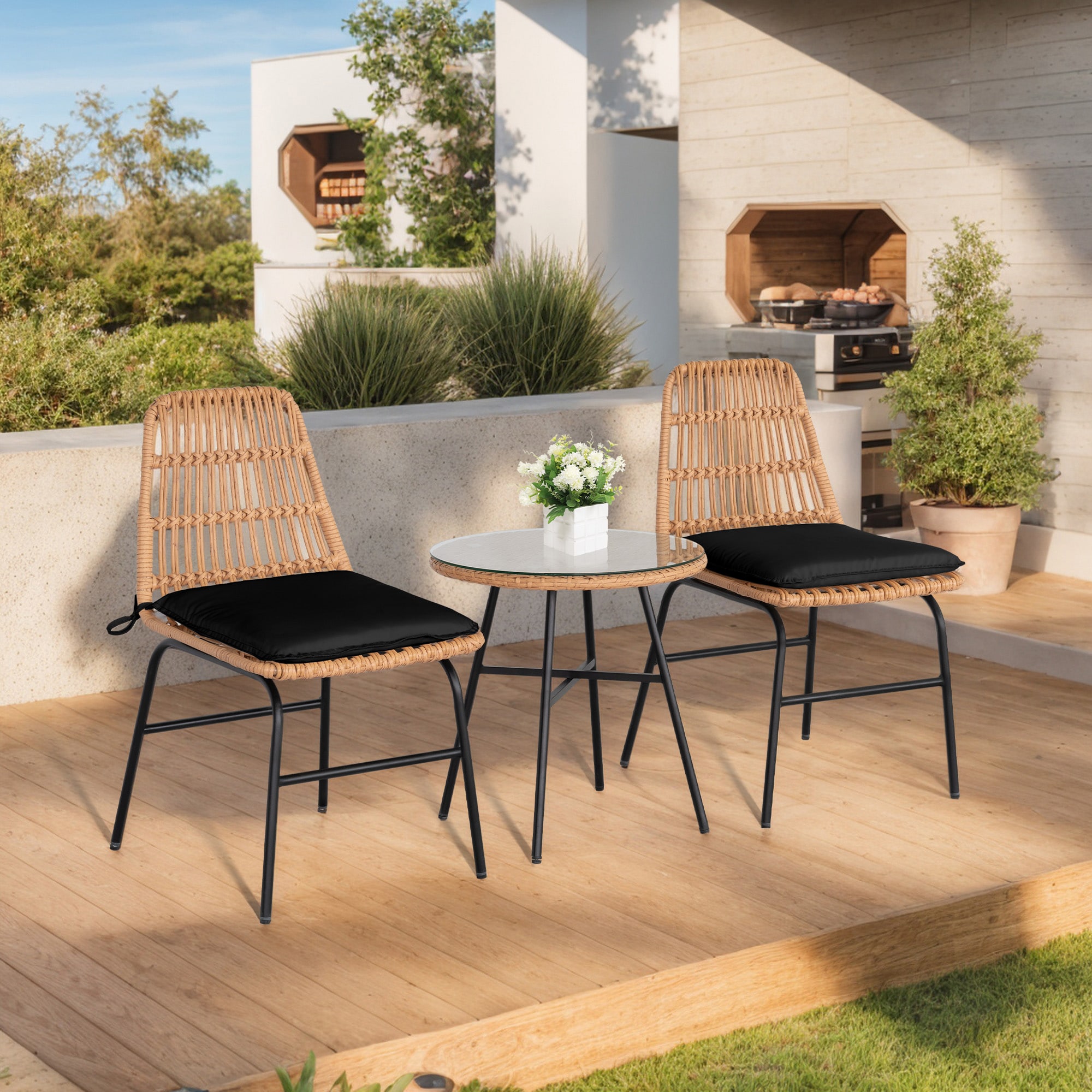 Grearden ZHNF142-BK 2 -Piece Wicker Patio Conversation Set with Black Cushions