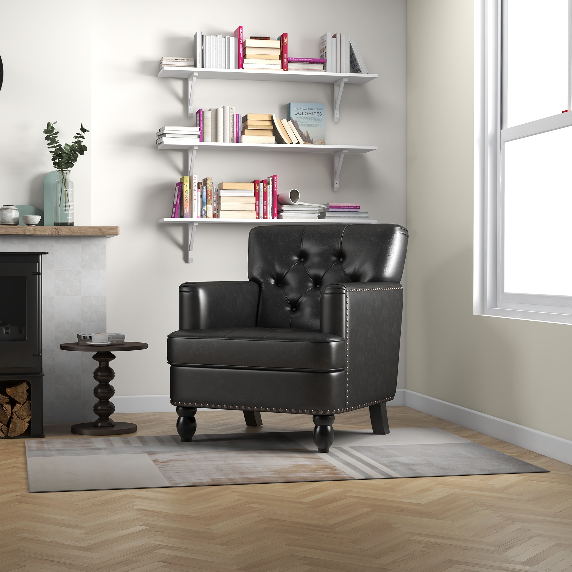 Sumyeg GU-W45418509 Living leisure Upholstered Fabric Club Chair, Black Modern Black Faux leather Club Chair
