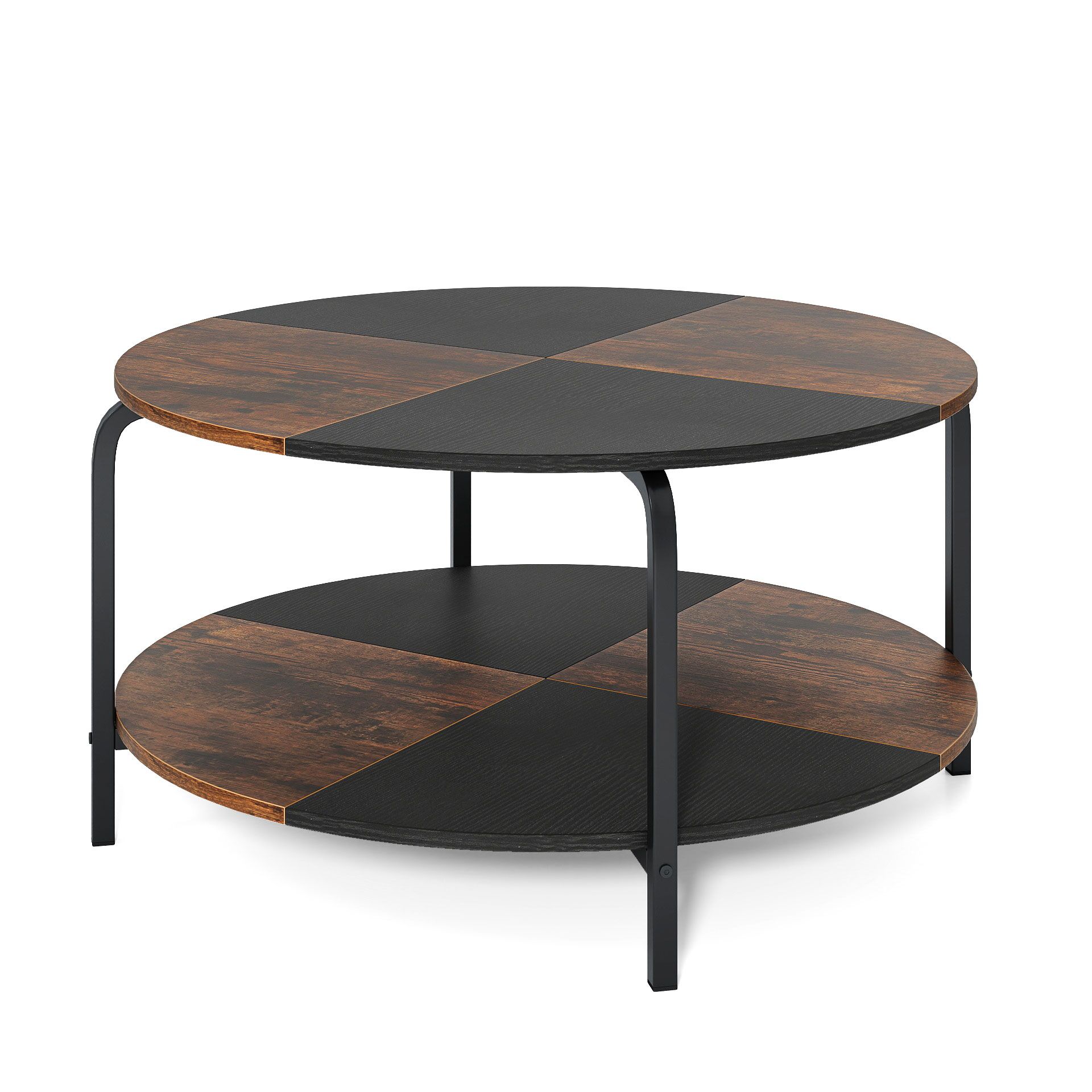 Slickblue Modern Round Natural/Rustic Brown Wooden Coffee Table with Lower Storage Shelf and Metal Frame for Living Room or Apartment